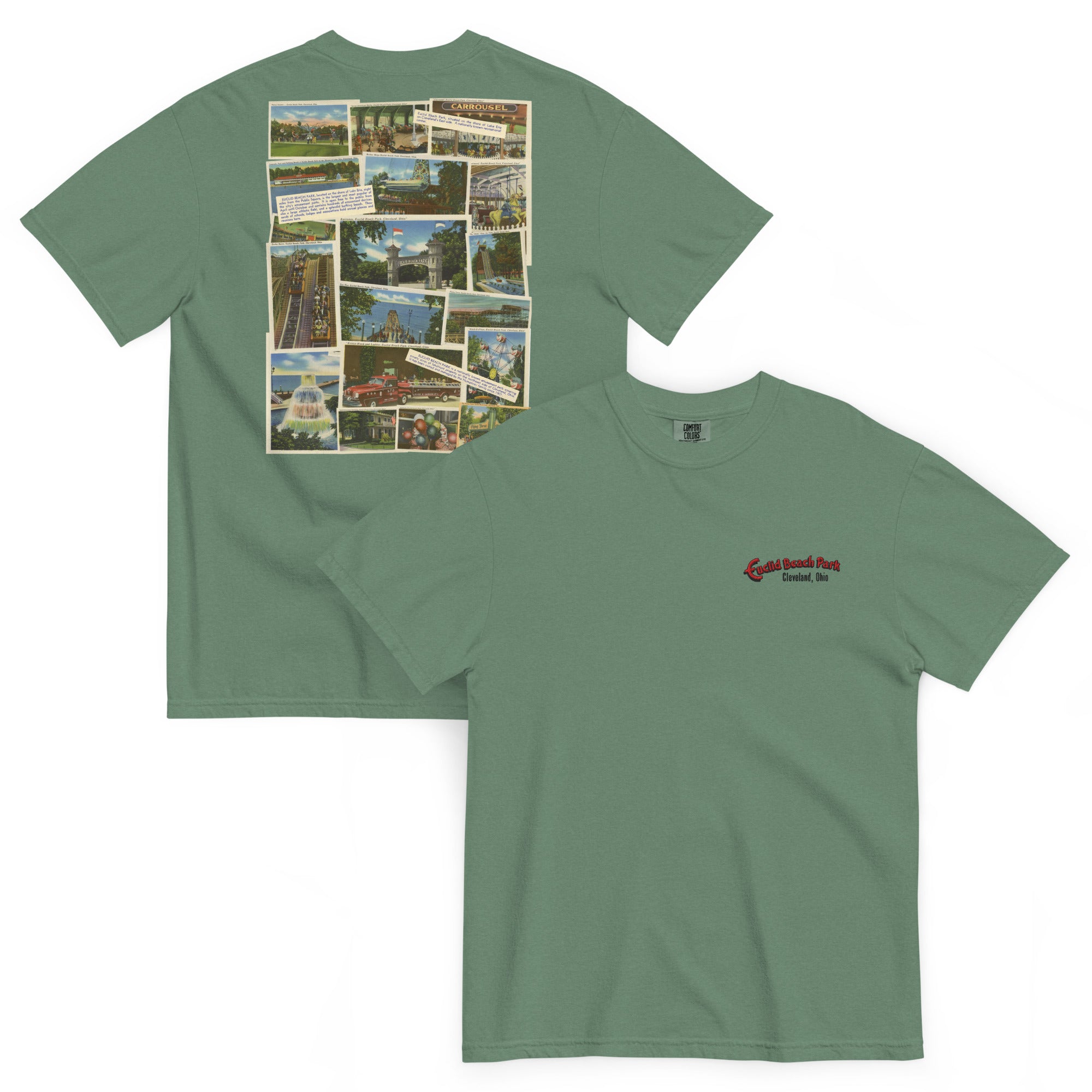 Green t-shirt with collage on front and logo on back, displayed on a white background