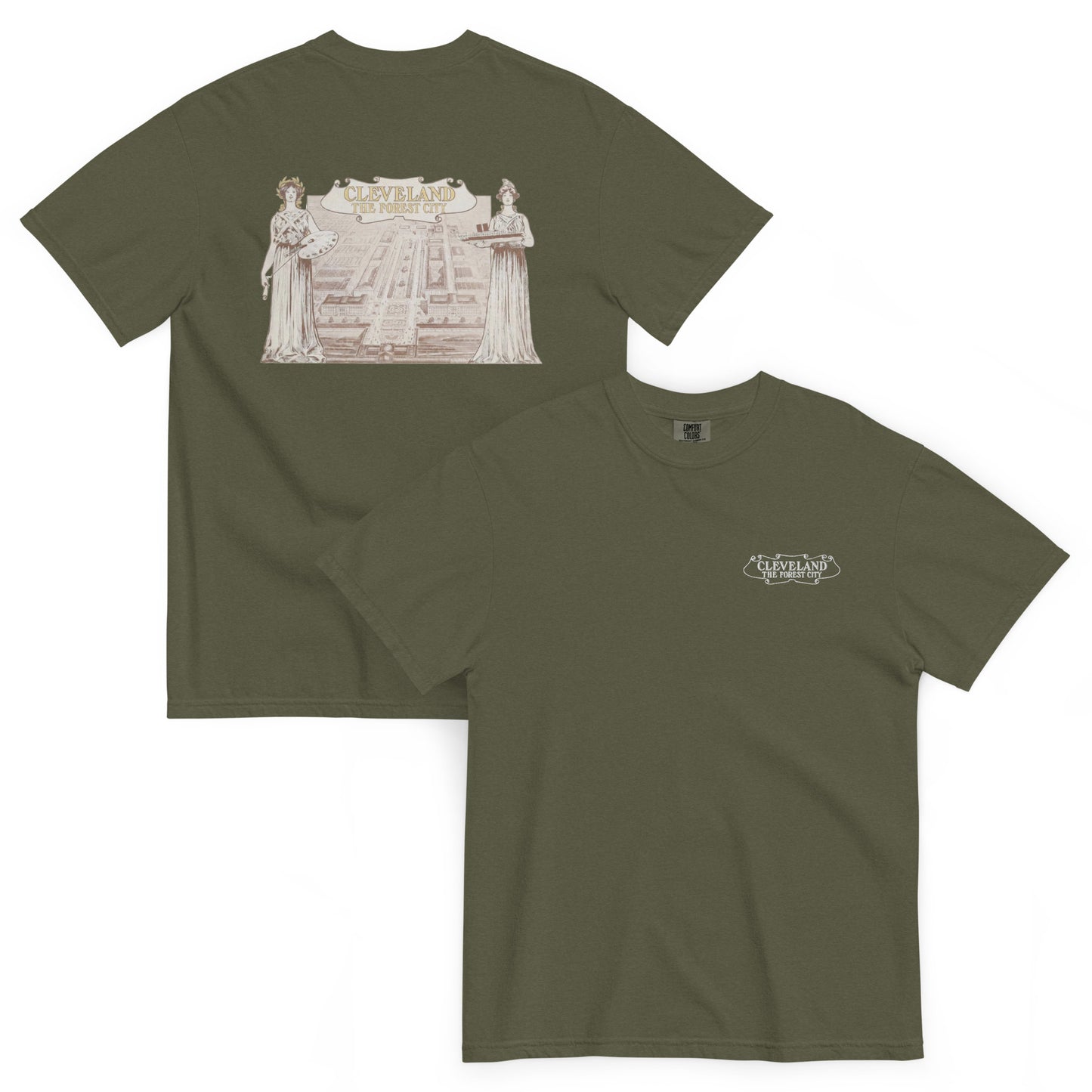 Sage green t-shirt with graphic design on front and back on a white background