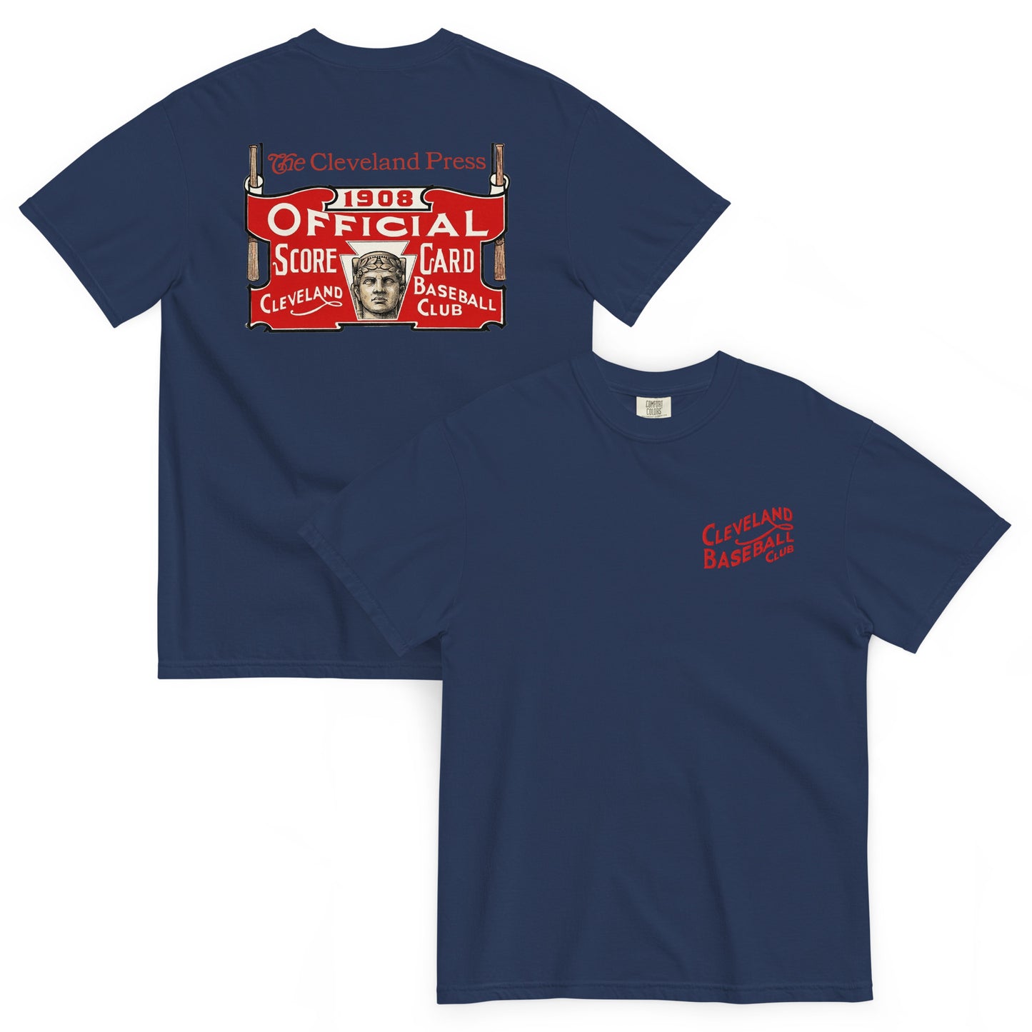 Navy blue t-shirt with vintage-style Cleveland baseball graphics on a white background
