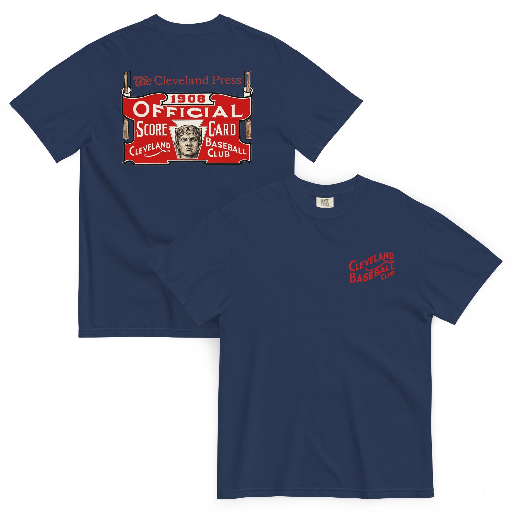Navy blue t-shirt with vintage-style Cleveland baseball graphics on a white background