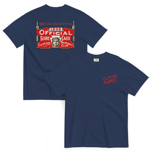 Navy blue t-shirt with vintage-style Cleveland baseball graphics on a white background