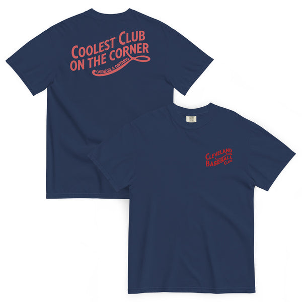 True navy Coolest Club On The Corner heavyweight embroidered t-shirt, front and back view