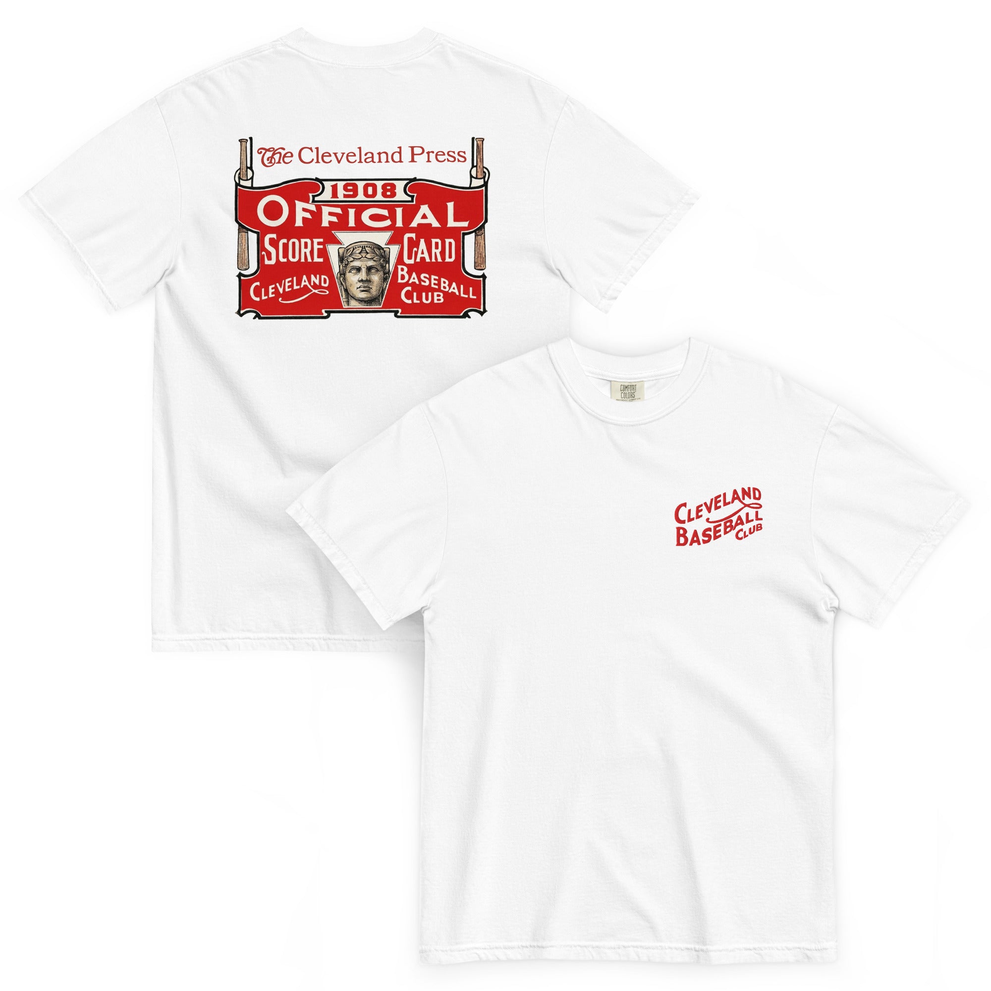 White t-shirt with red and black graphics and text on a white background