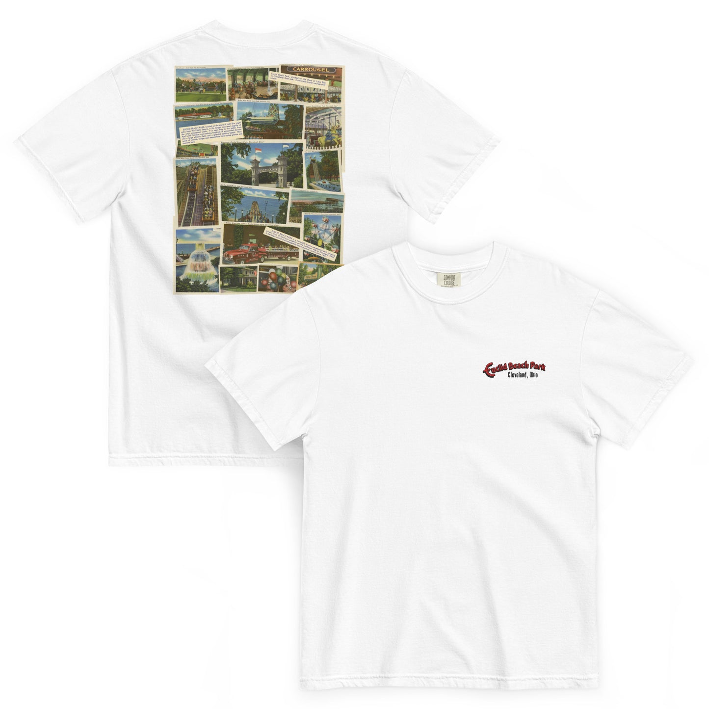 White t-shirt with a collage of images on the front and a logo on the sleeve.
