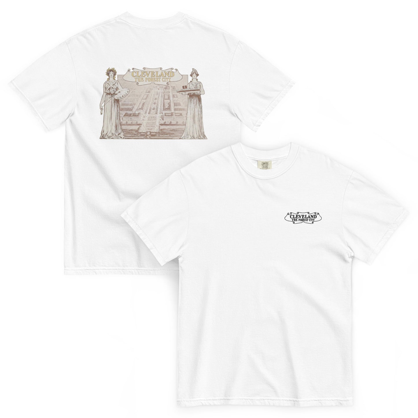 Two white t-shirts with graphic designs on a white background