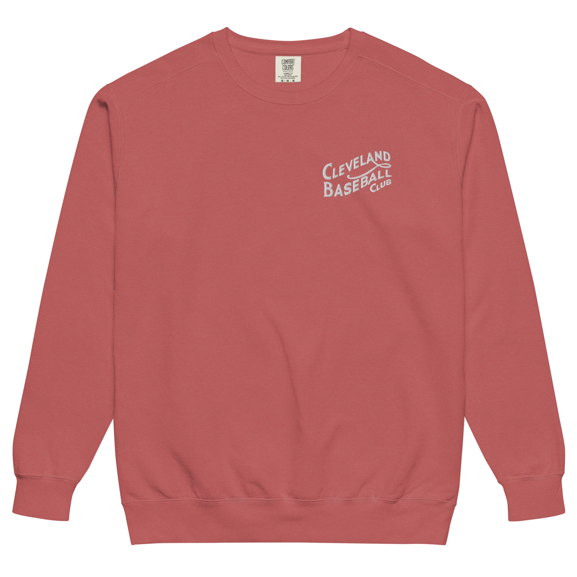 Vintage rose Cleveland Baseball Club sweatshirt with white embroidered logo, soft crewneck design perfect for baseball fans.