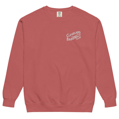 Vintage rose Cleveland Baseball Club sweatshirt with white embroidered logo, soft crewneck design perfect for baseball fans.