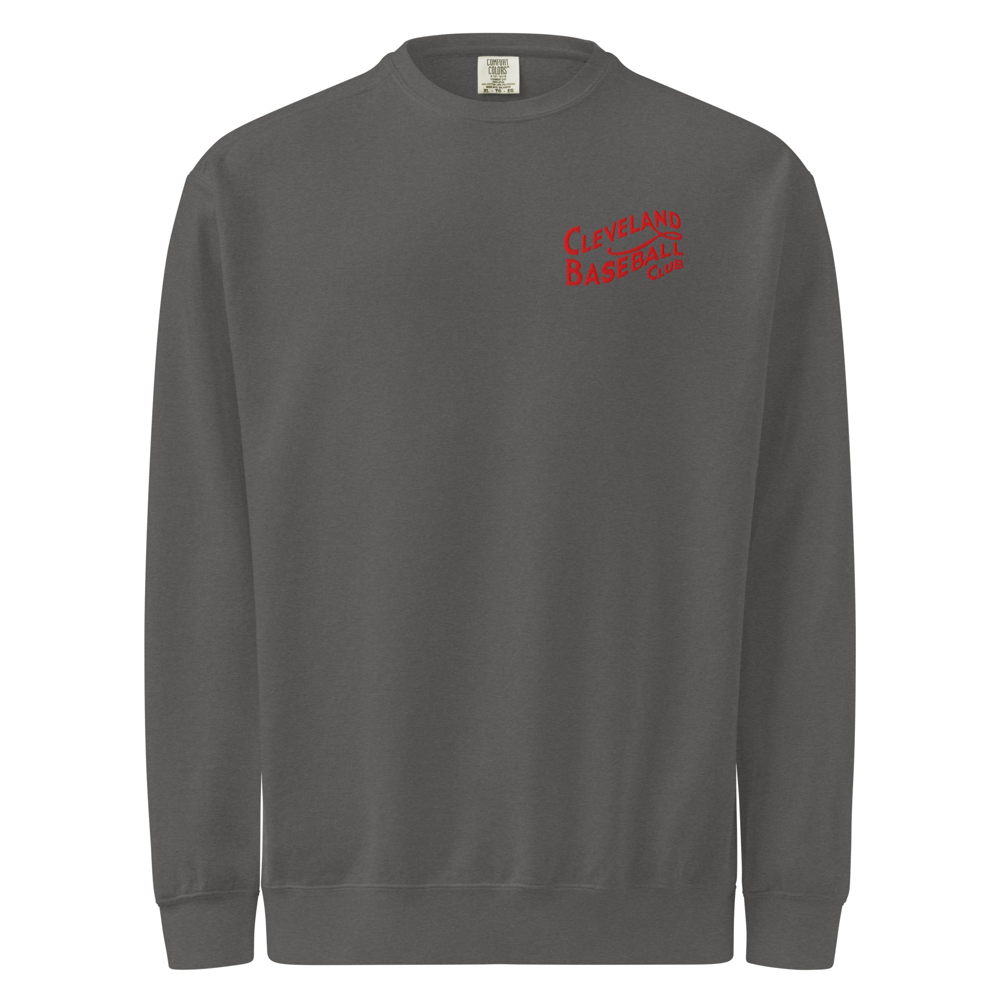 Charcoal gray Cleveland Baseball Club sweatshirt featuring red embroidered vintage logo, classic crewneck for casual wear.