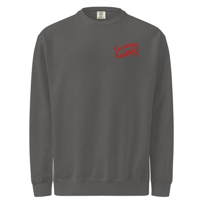Charcoal gray Cleveland Baseball Club sweatshirt featuring red embroidered vintage logo, classic crewneck for casual wear.