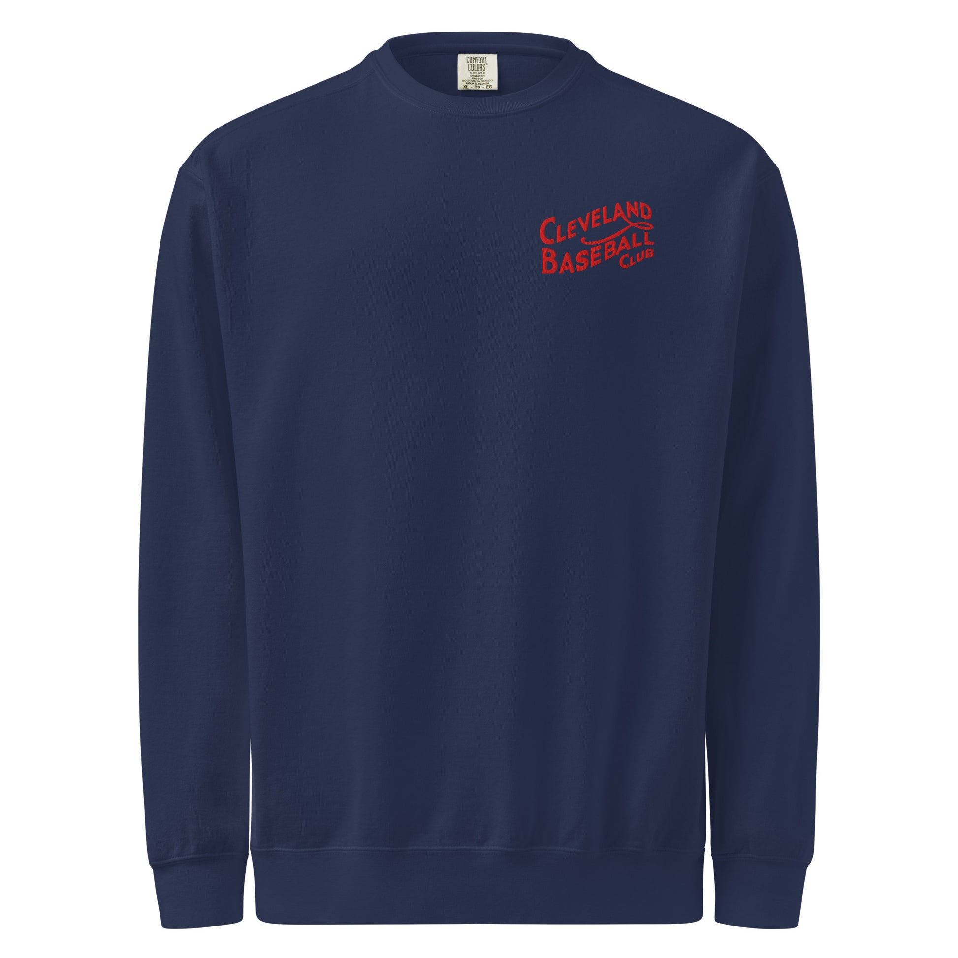 Navy Cleveland Baseball Club sweatshirt with red embroidered vintage logo, premium crewneck for fans of classic baseball style.
