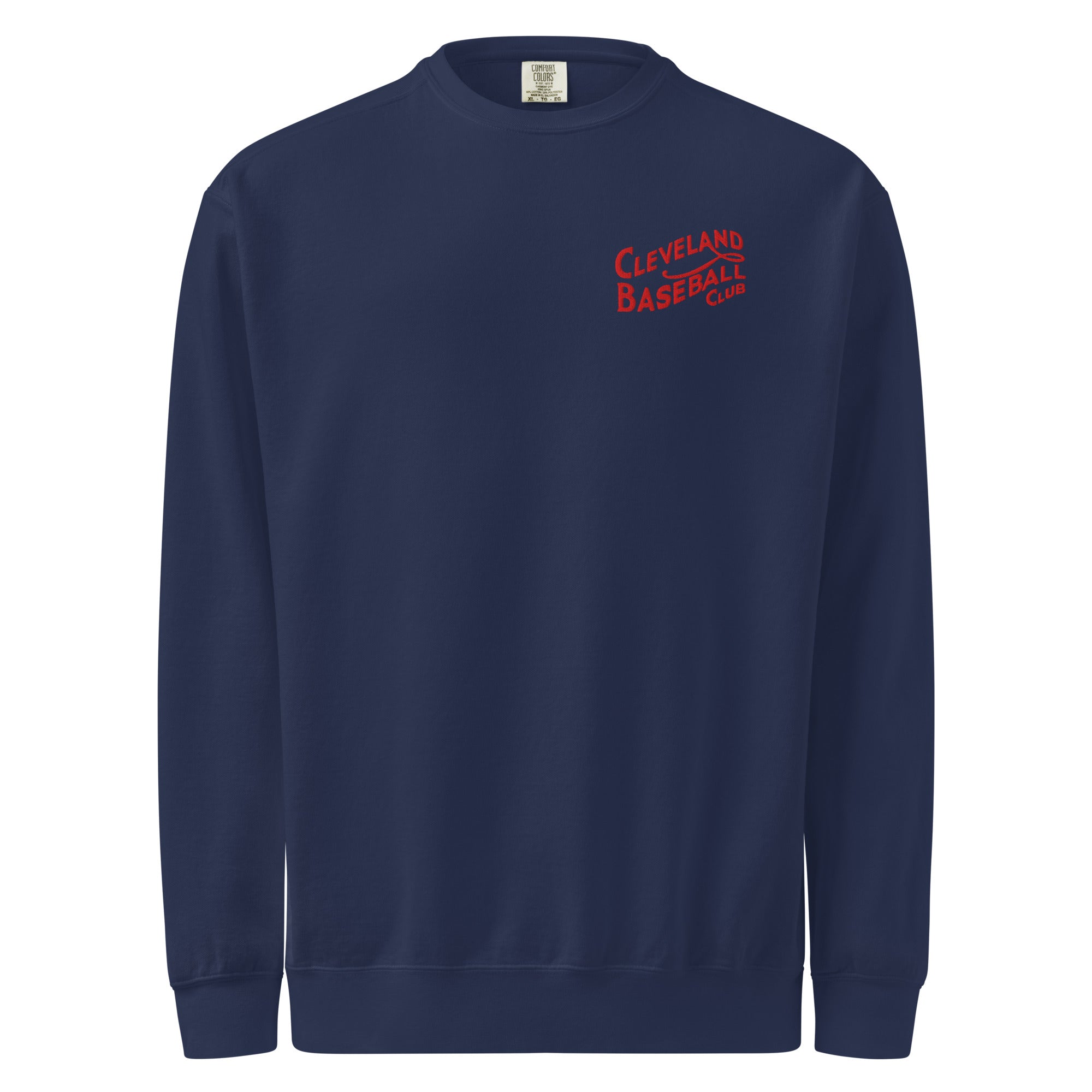 Navy Cleveland Baseball Club sweatshirt with red embroidered vintage logo, premium crewneck for fans of classic baseball style.