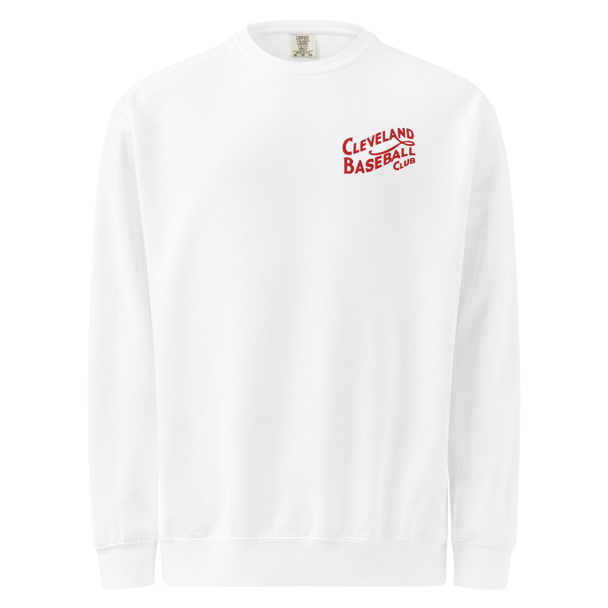 White Cleveland Baseball Club sweatshirt with bold red embroidered logo, vintage crewneck style made from premium fabric.