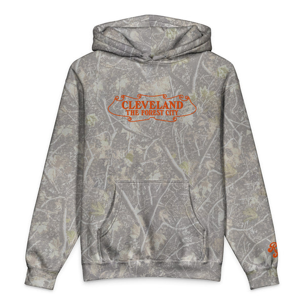 Deadwood tree camo Forest City camouflage hooded sweatshirt with orange embroidery, front view