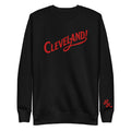 Cleveland! Unisex Premium Sweatshirt in Black with red embroidered Cleveland! lettering, front view