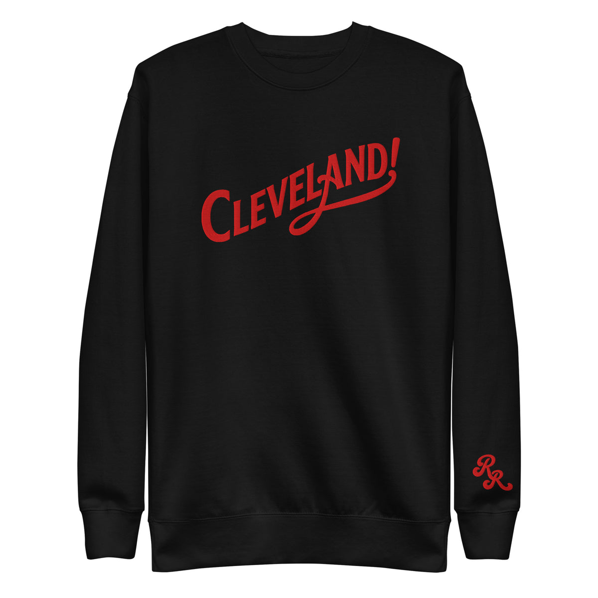 Cleveland! Unisex Premium Sweatshirt in Black with red embroidered Cleveland! lettering, front view