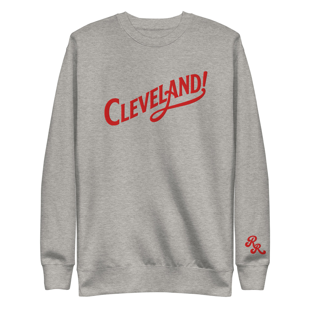 Cleveland! Unisex Premium Sweatshirt in Carbon Grey with red embroidered Cleveland! lettering, front view