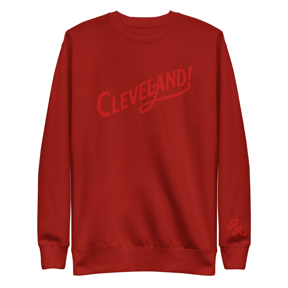 Cleveland! Unisex Premium Sweatshirt in Cardinal with red embroidered Cleveland! lettering, front view