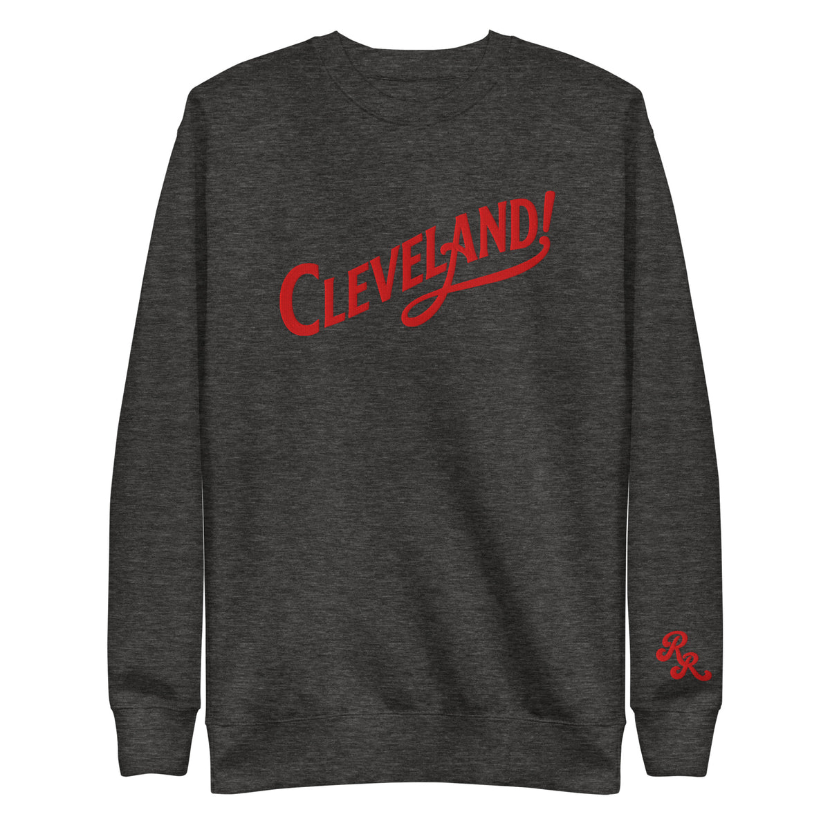 Cleveland! Unisex Premium Sweatshirt in Charcoal Heather with red embroidered Cleveland! lettering, front view