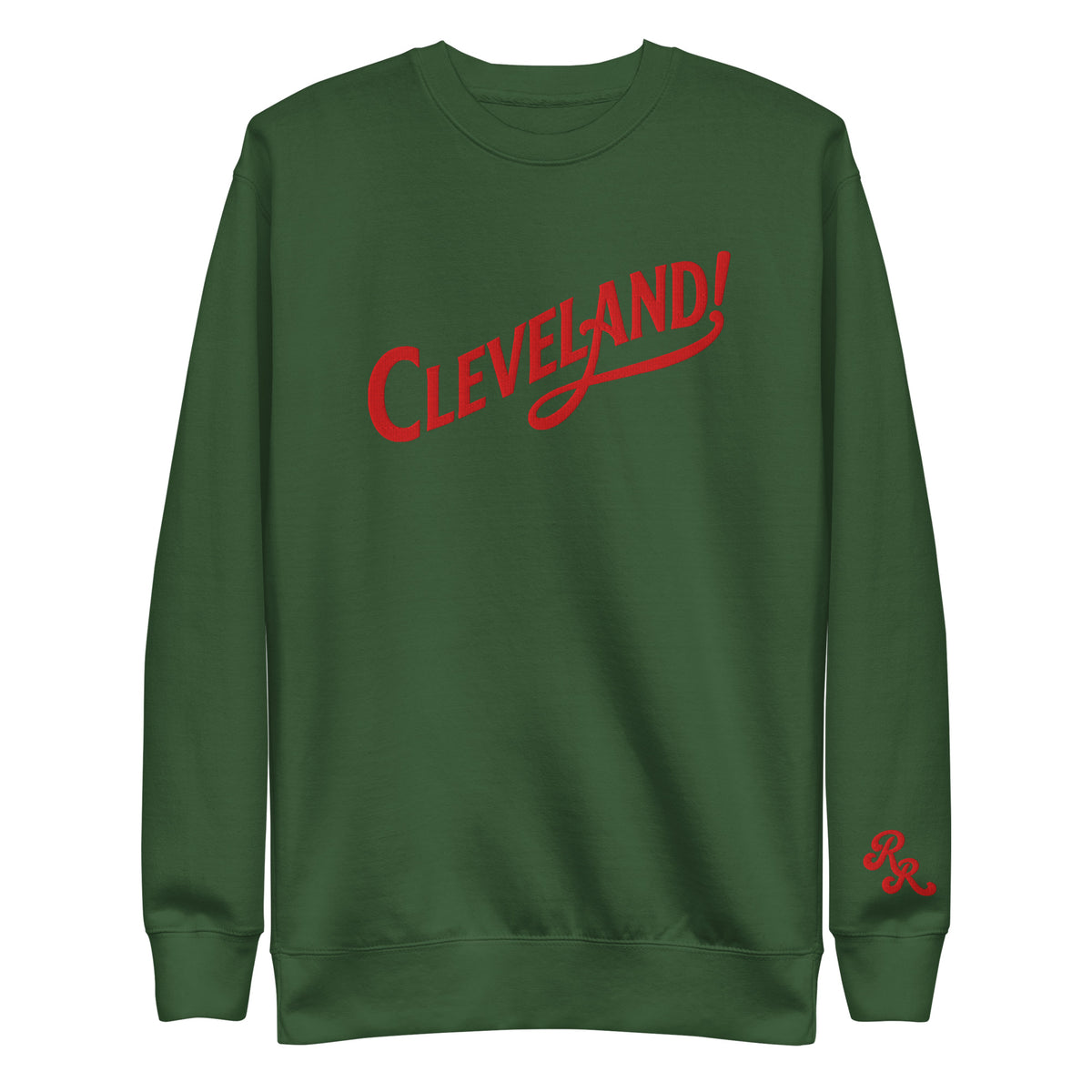 Cleveland! Unisex Premium Sweatshirt in Forest Green with red embroidered Cleveland! lettering, front view