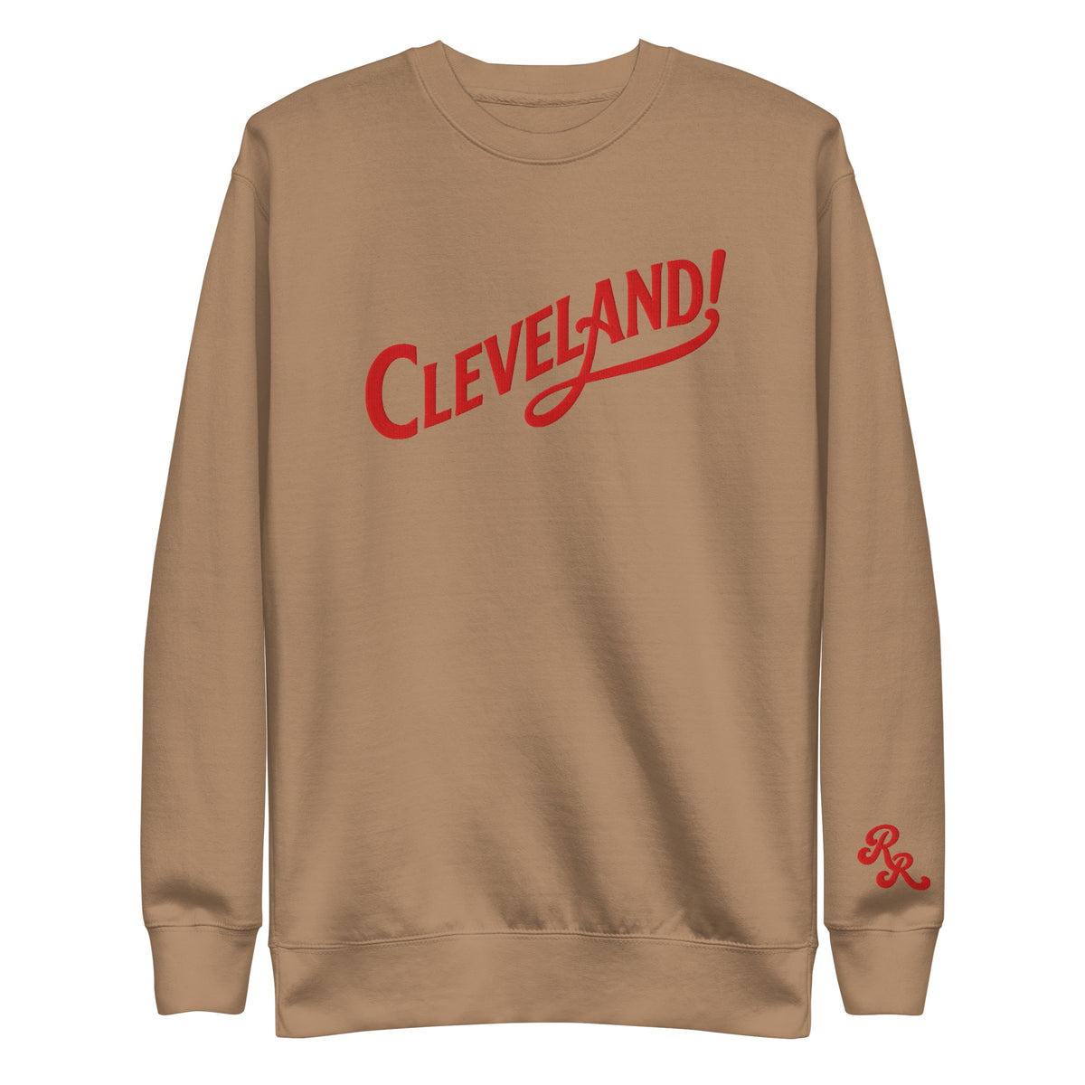 Cleveland! Unisex Premium Sweatshirt in Latte with red embroidered Cleveland! lettering, front view