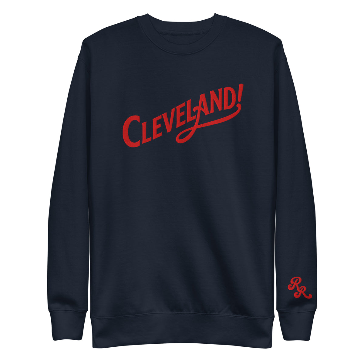 Cleveland! Unisex Premium Sweatshirt in Navy Blazer with red embroidered Cleveland! lettering, front view