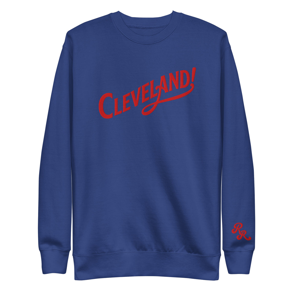 Cleveland! Unisex Premium Sweatshirt in Team Royal with red embroidered Cleveland! lettering, front view