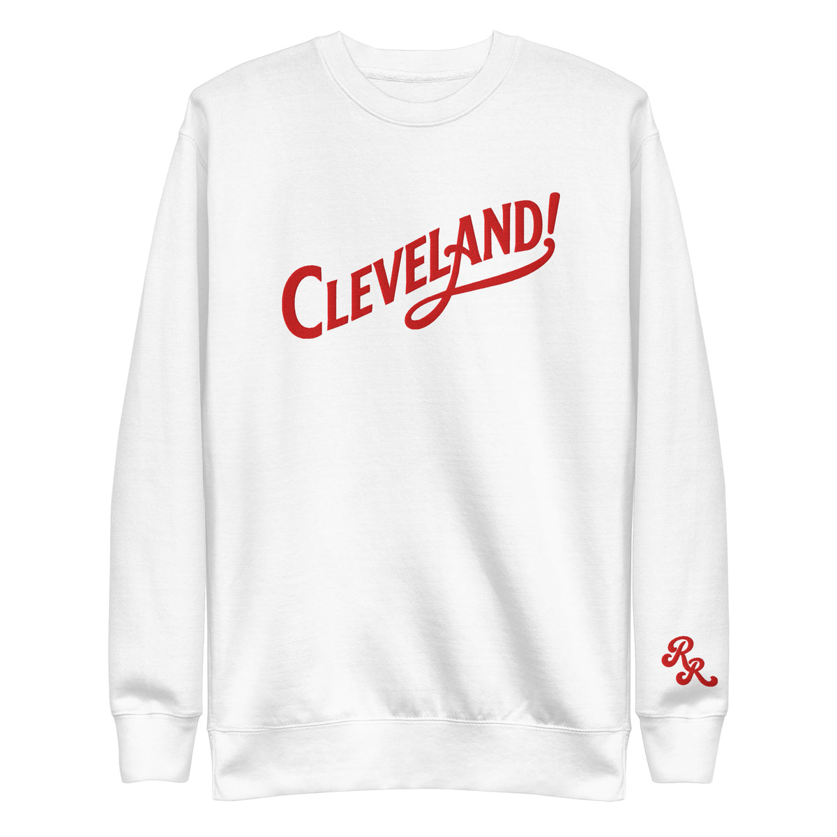 Cleveland! Unisex Premium Sweatshirt in White with red embroidered Cleveland! lettering, front view