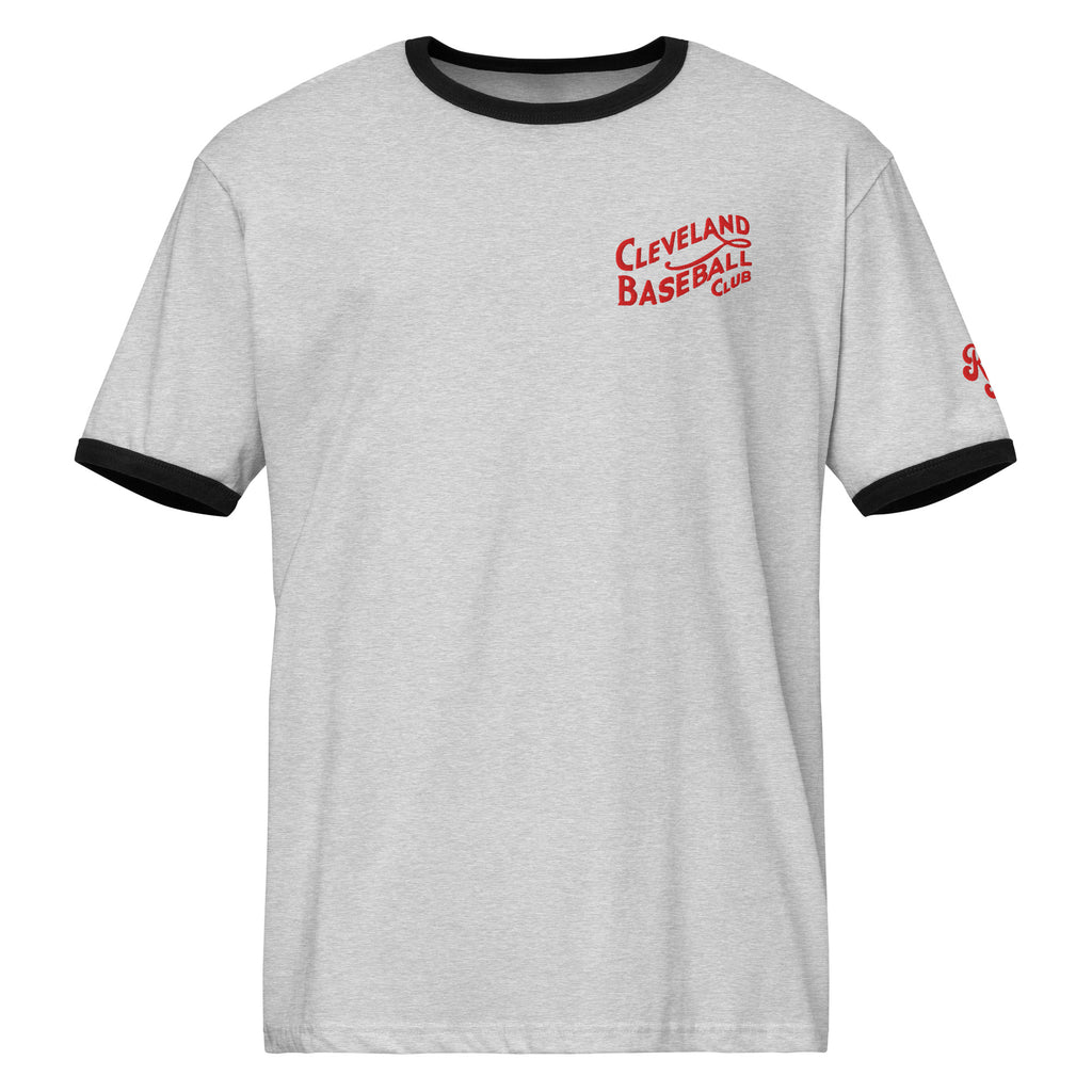 Heather gray and black 1908 Cleveland Baseball Club ringer t-shirt with red embroidery, front view