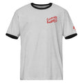 Heather gray and black 1908 Cleveland Baseball Club ringer t-shirt with red embroidery, front view