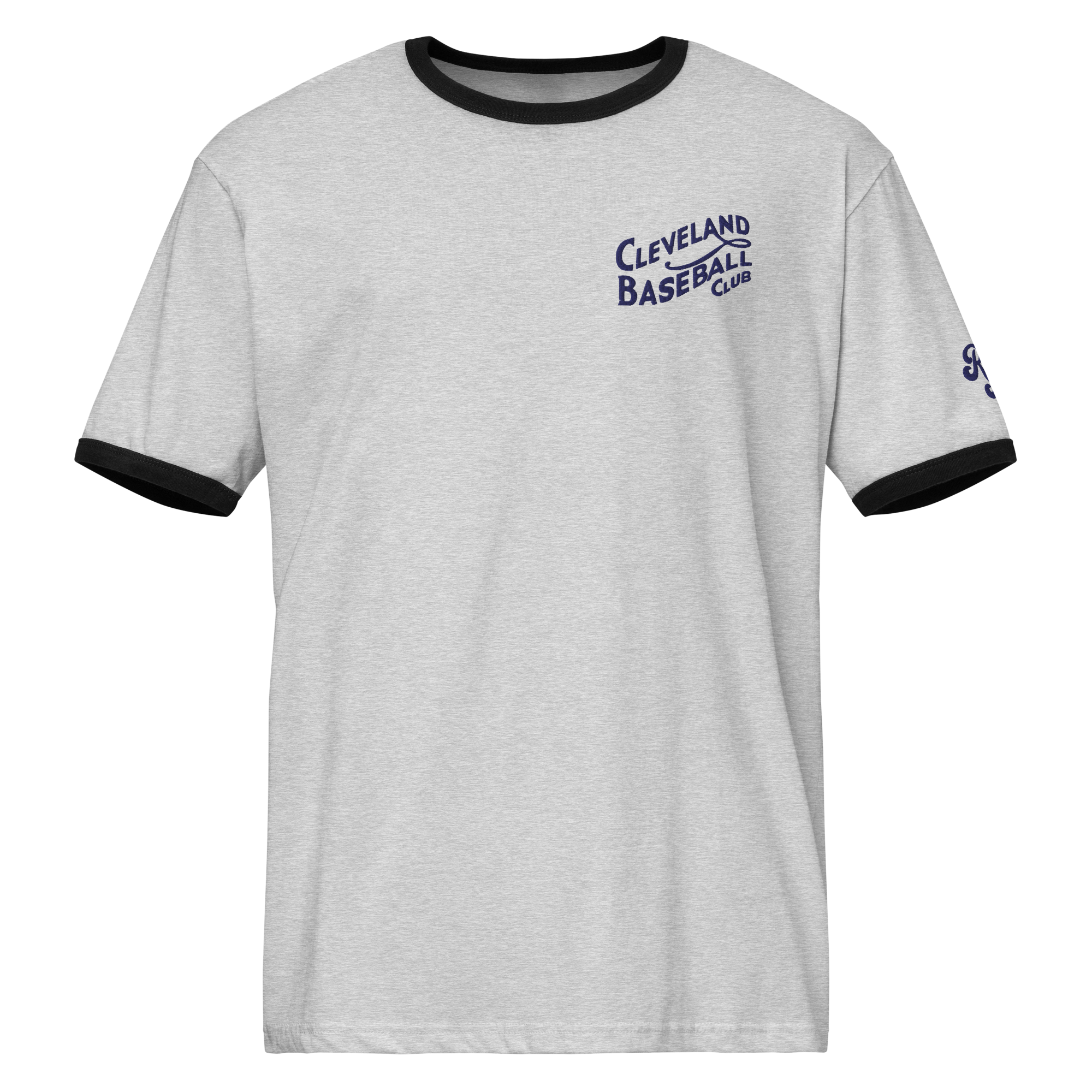 Heather gray and black 1908 Cleveland Baseball Club ringer t-shirt with navy embroidery, front view