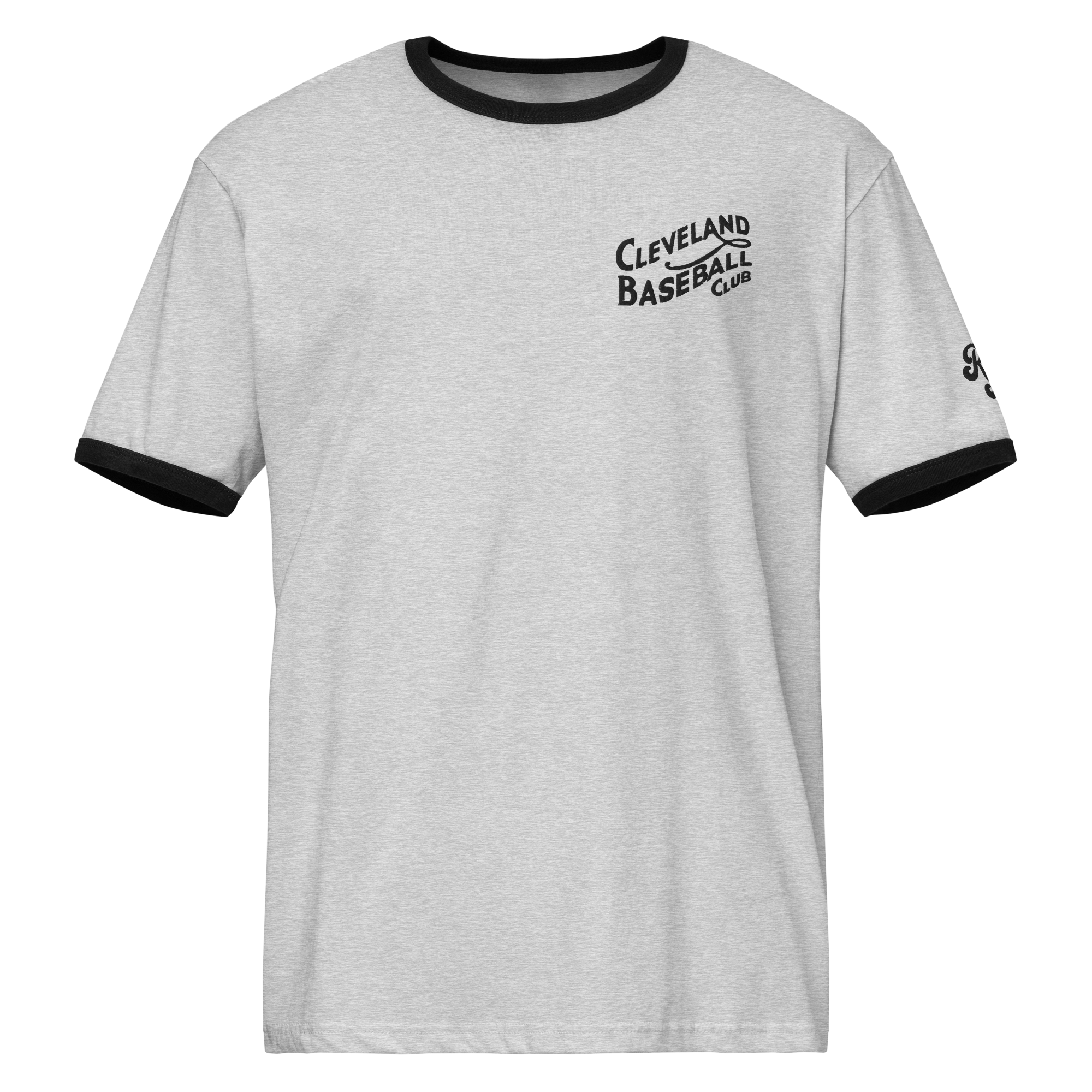 Heather gray and black 1908 Cleveland Baseball Club ringer t-shirt with black embroidery, front view