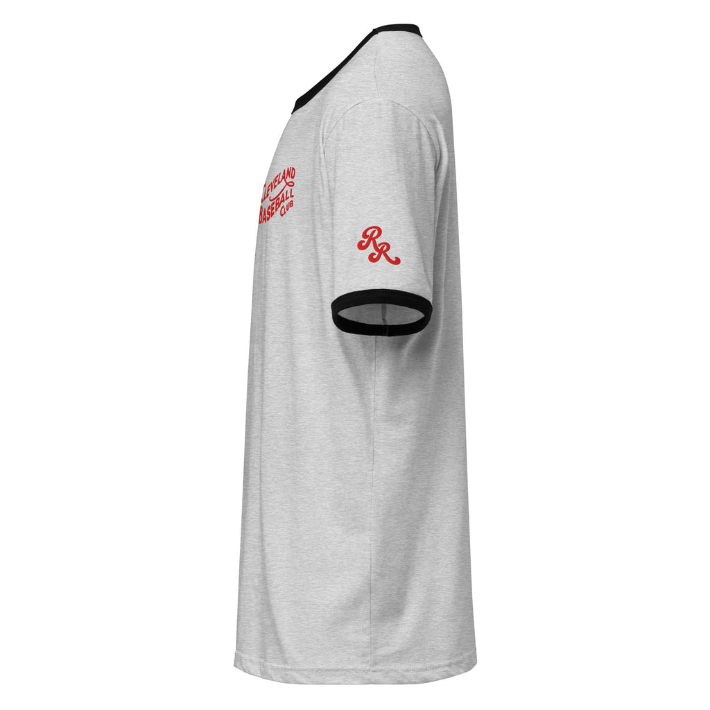 Heather gray and black 1908 Cleveland Baseball Club ringer t-shirt with red embroidery, left side view with Rambler Reserve RR emblem