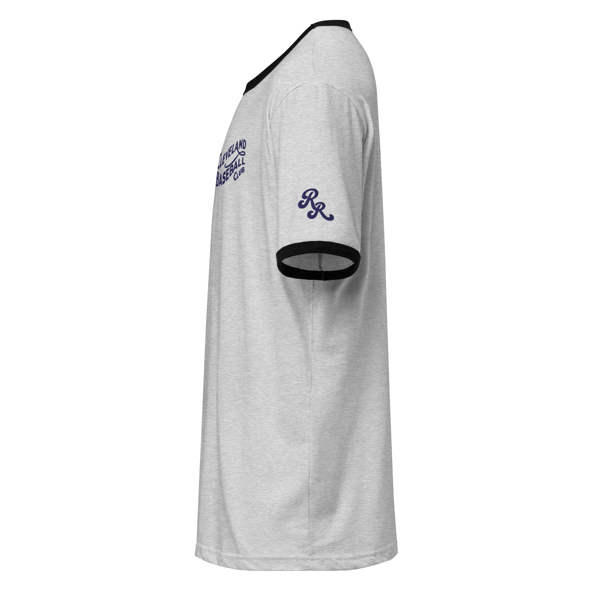 Heather gray and black 1908 Cleveland Baseball Club ringer t-shirt with navy embroidery, left side view with Rambler Reserve RR emblem