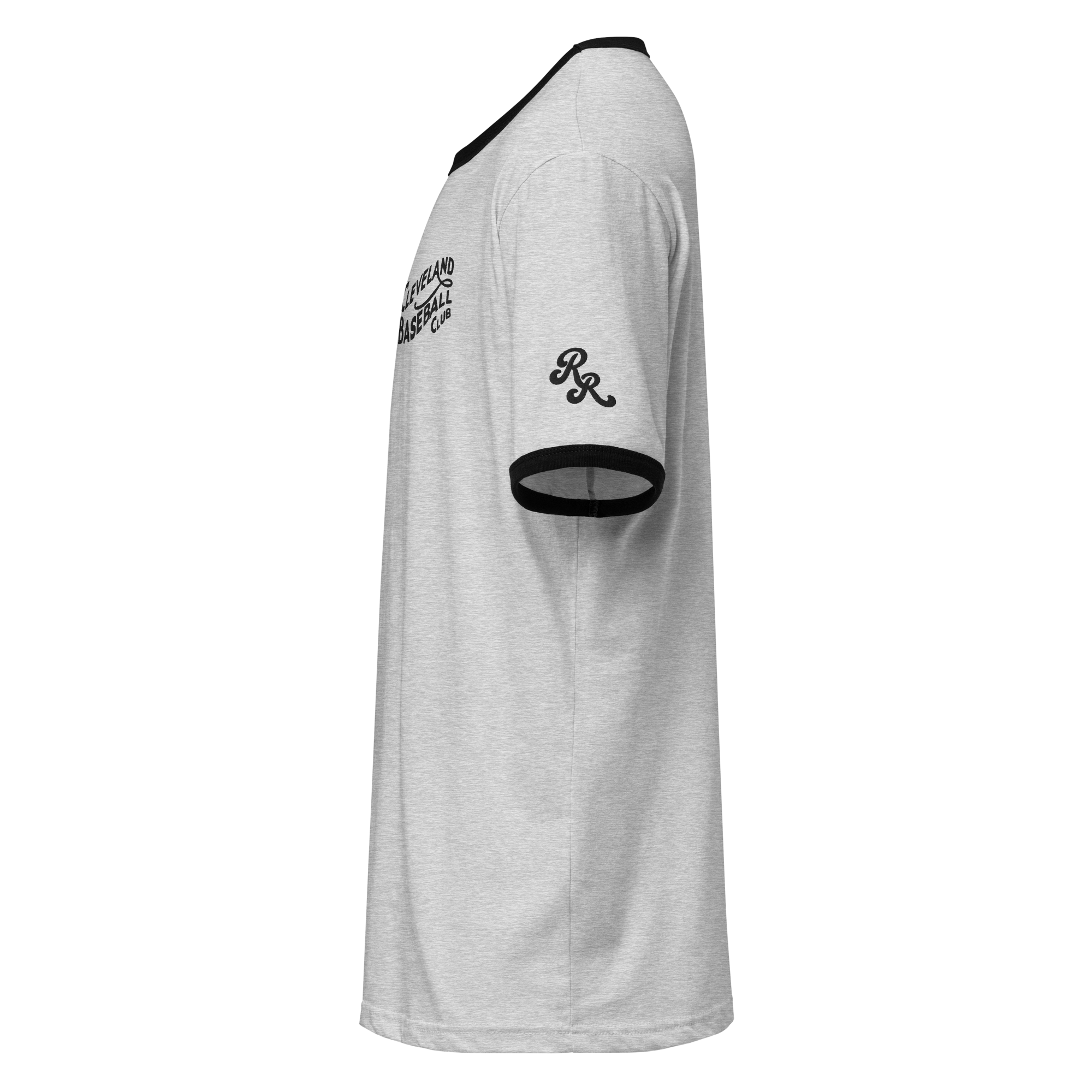 Heather gray and black 1908 Cleveland Baseball Club ringer t-shirt with black embroidery, left side view with Rambler Reserve RR emblem