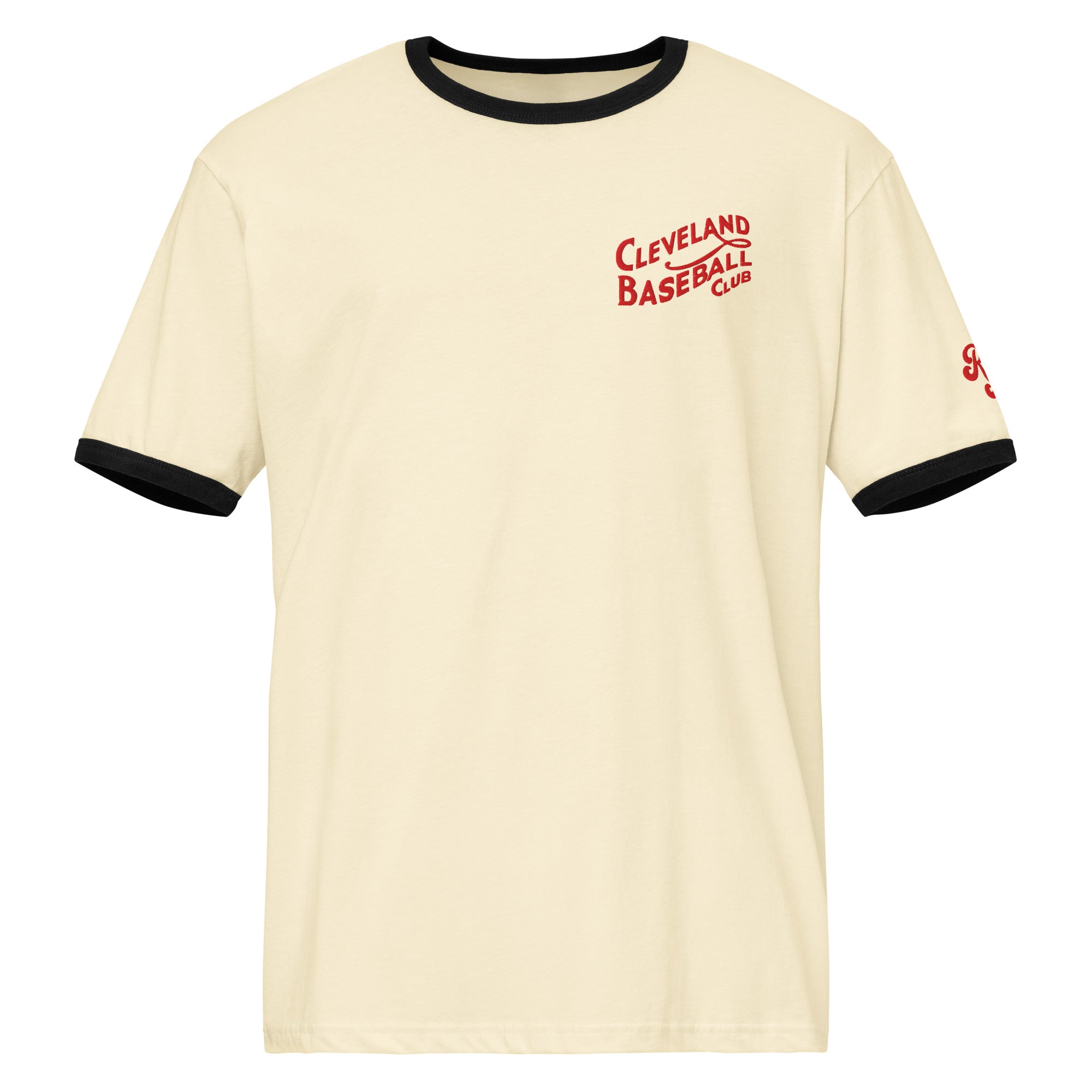 Natural and black 1908 Cleveland Baseball Club ringer t-shirt with red embroidery, front view