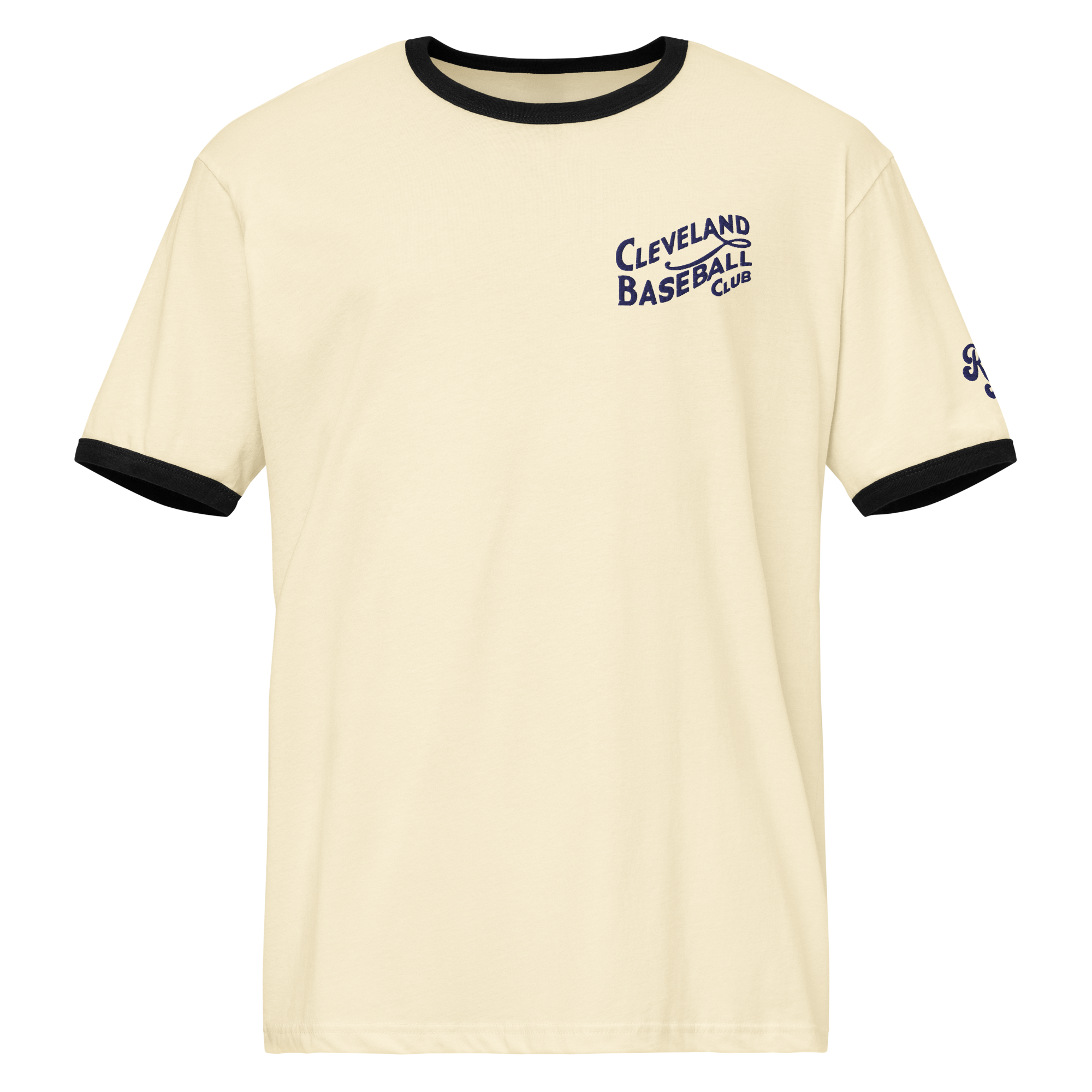 Natural and black 1908 Cleveland Baseball Club ringer t-shirt with navy embroidery, front view