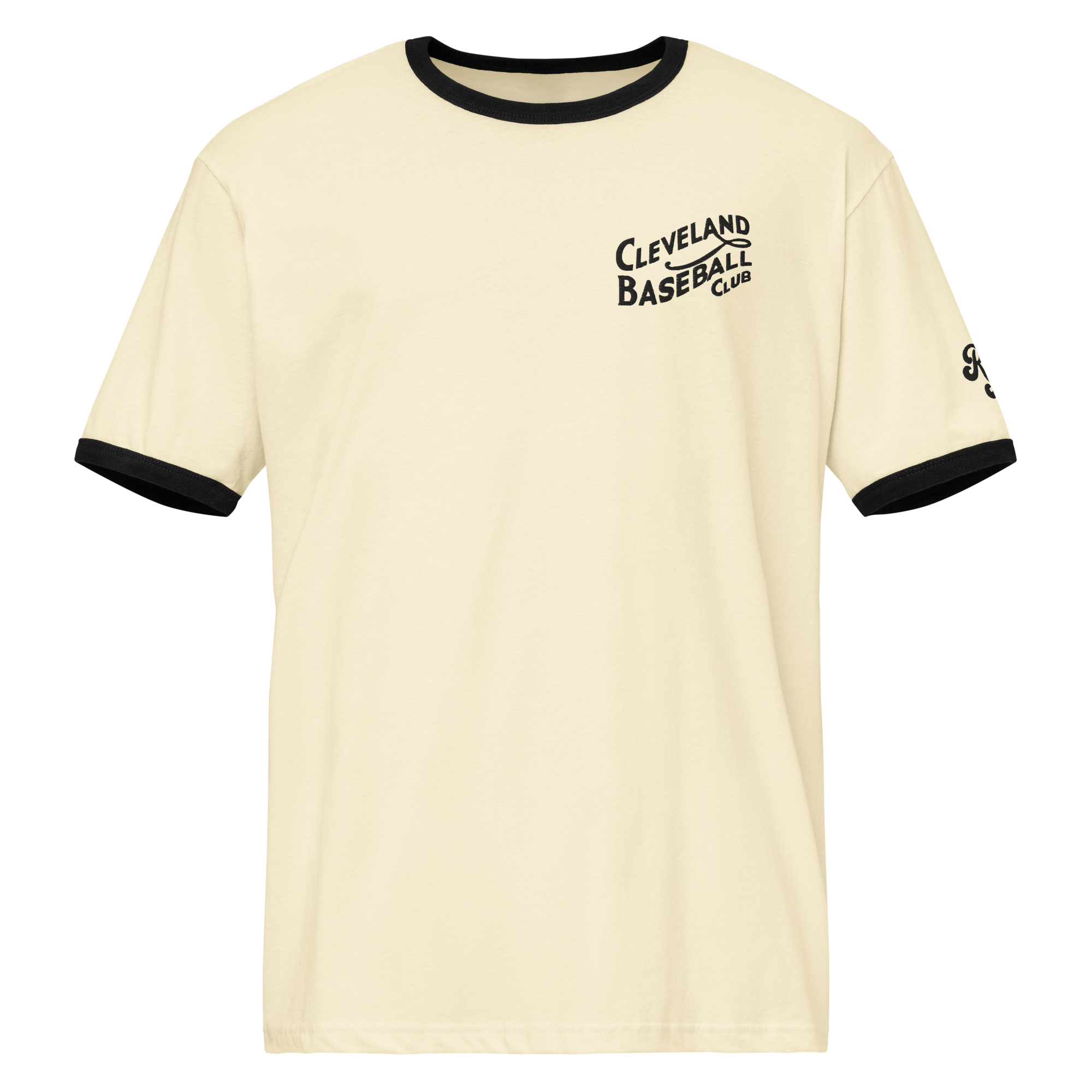 Natural and black 1908 Cleveland Baseball Club ringer t-shirt with black embroidery, front view