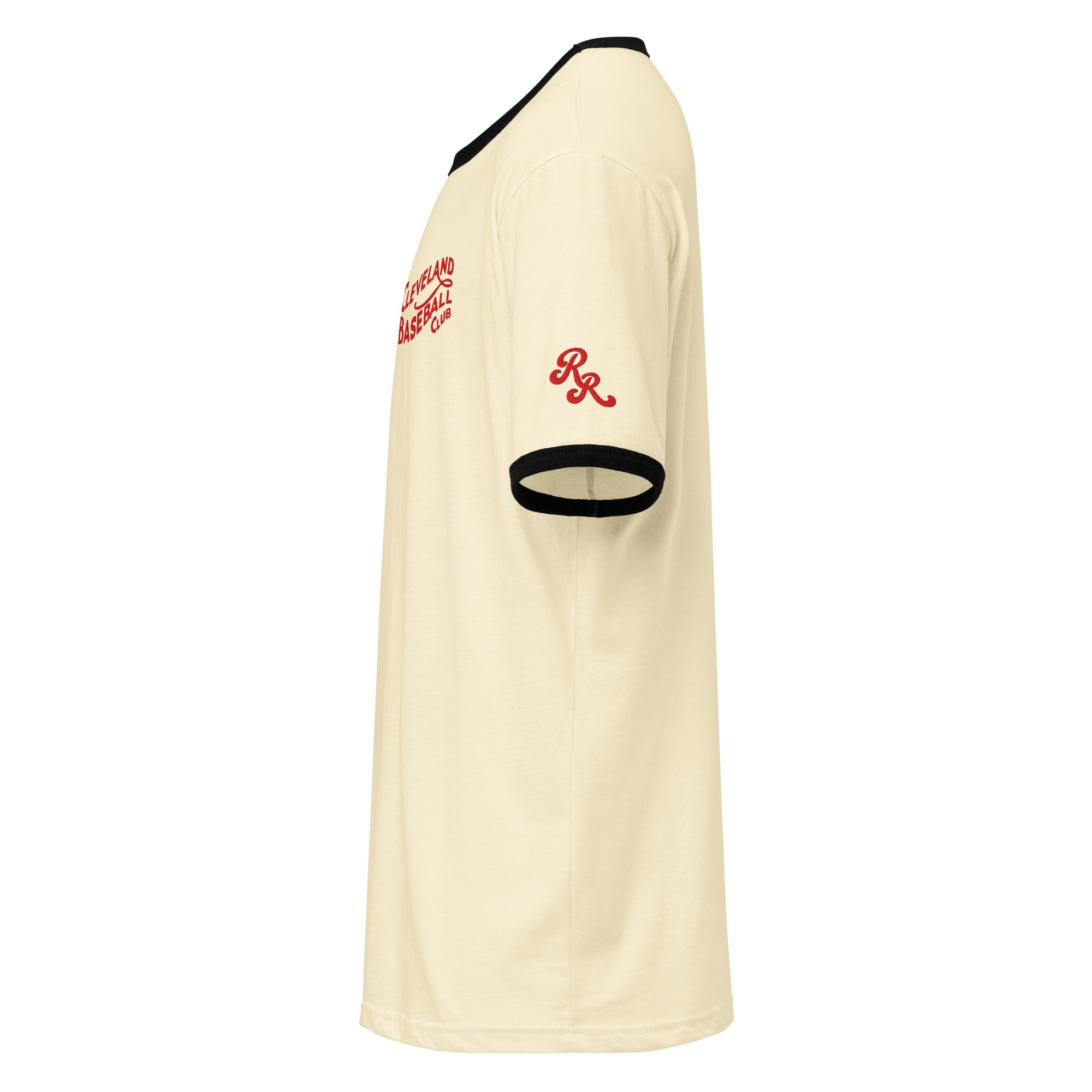 Natural and black 1908 Cleveland Baseball Club ringer t-shirt with red embroidery, left side view with Rambler Reserve RR emblem