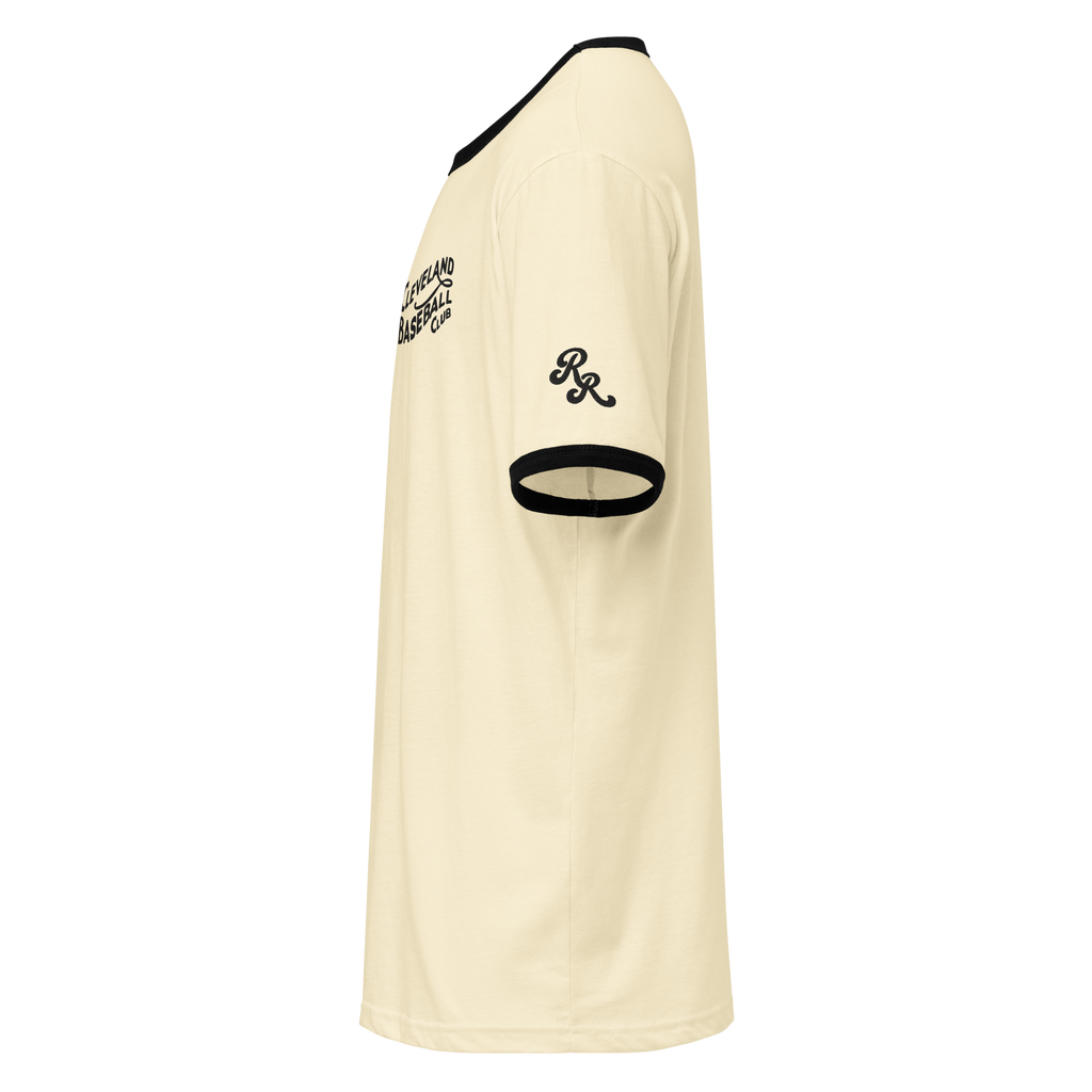 Natural and black 1908 Cleveland Baseball Club ringer t-shirt with black embroidery, left side view with Rambler Reserve RR emblem