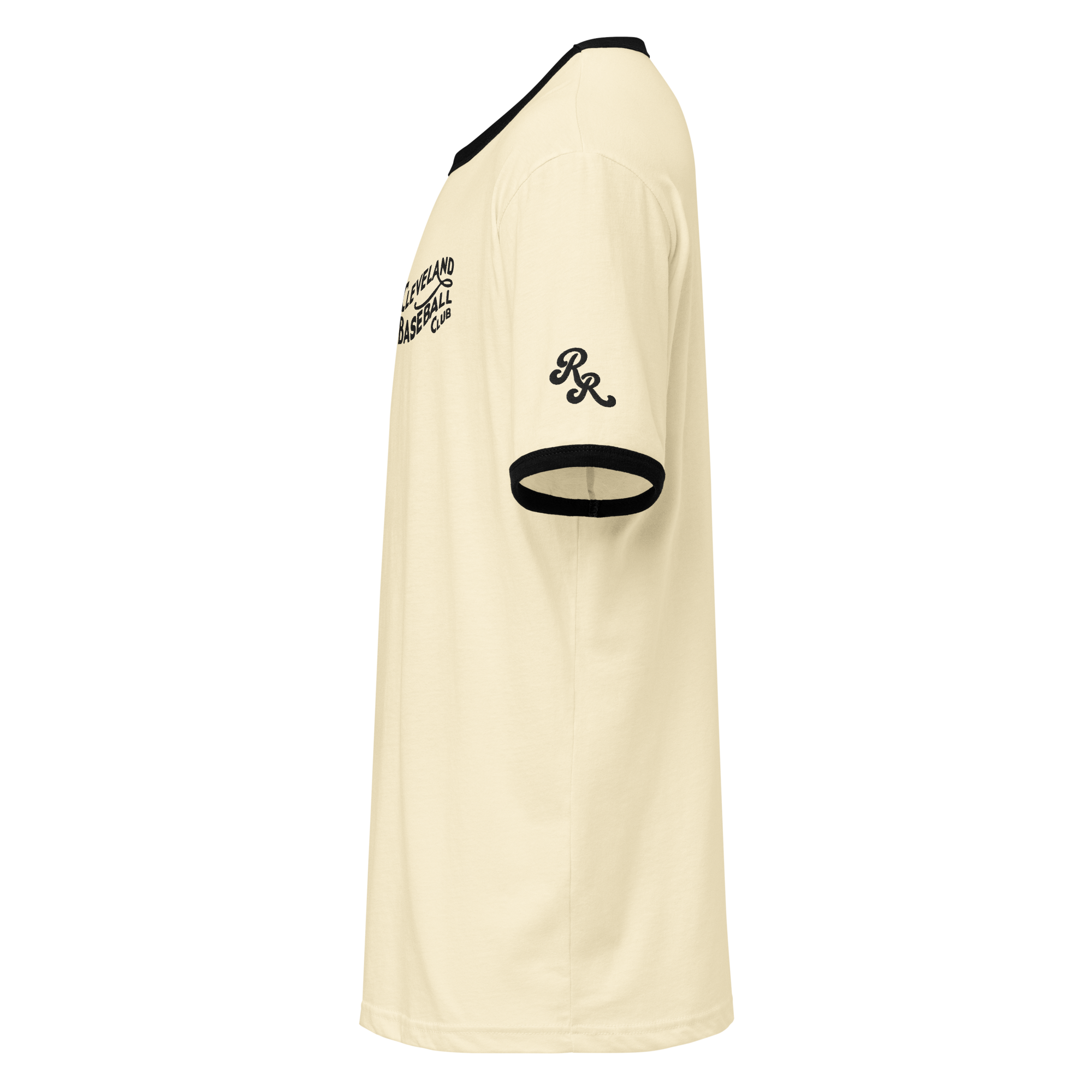 Natural and black 1908 Cleveland Baseball Club ringer t-shirt with black embroidery, left side view with Rambler Reserve RR emblem