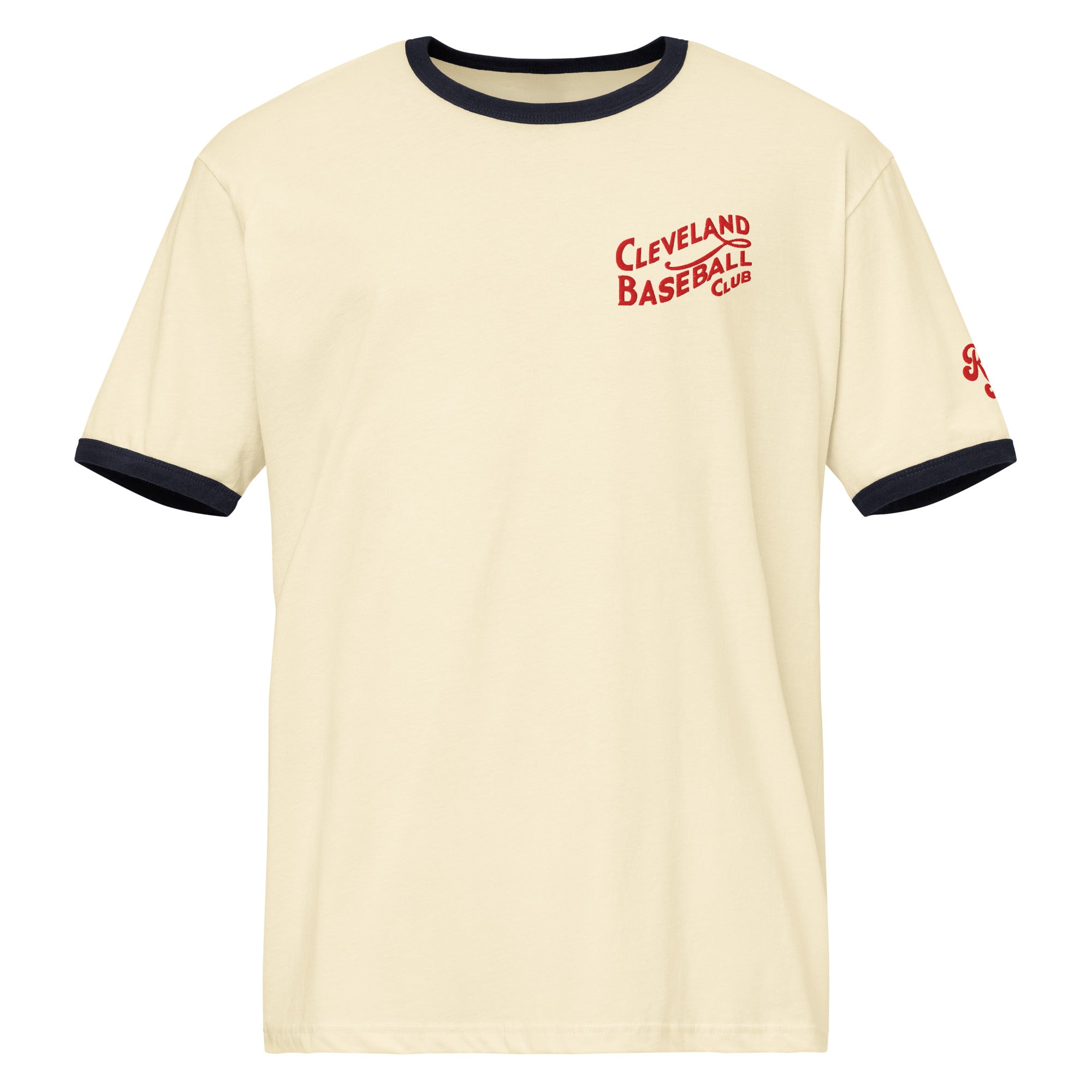 Natural and midnight navy 1908 Cleveland Baseball Club ringer t-shirt with red embroidery, front view