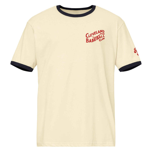 Natural and Midnight Navy 1908 Cleveland Baseball Club Ringer T-Shirt with red embroidery, front view