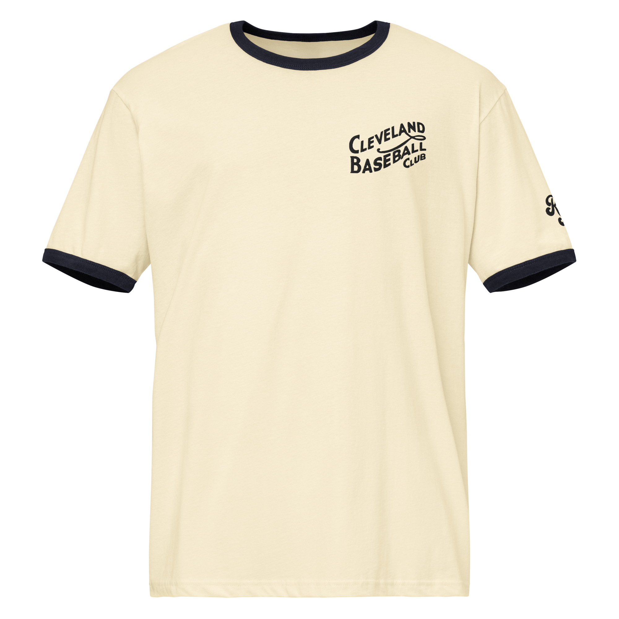 Natural and midnight navy 1908 Cleveland Baseball Club ringer t-shirt with black embroidery, front view