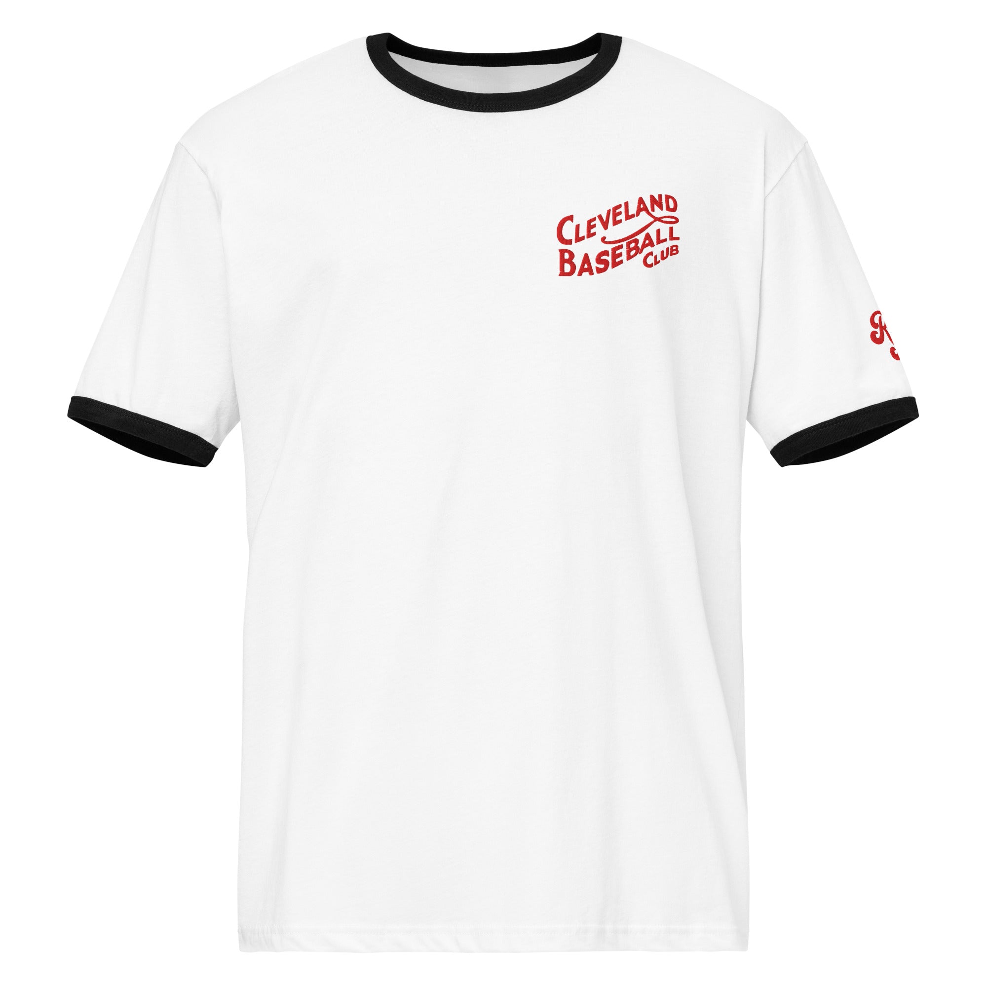 White and black 1908 Cleveland Baseball Club ringer t-shirt with red embroidery, front view