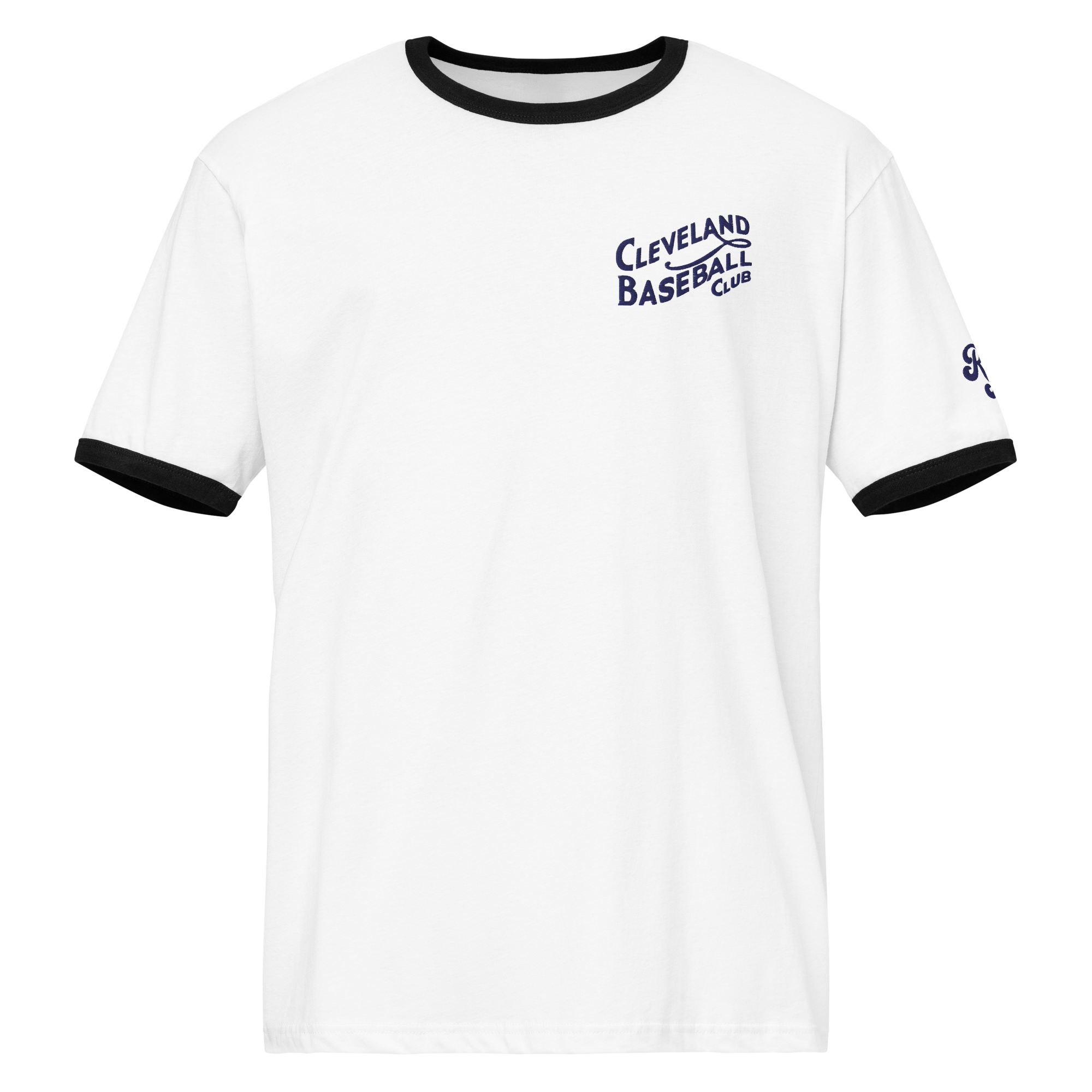 White and black 1908 Cleveland Baseball Club ringer t-shirt with navy embroidery, front view