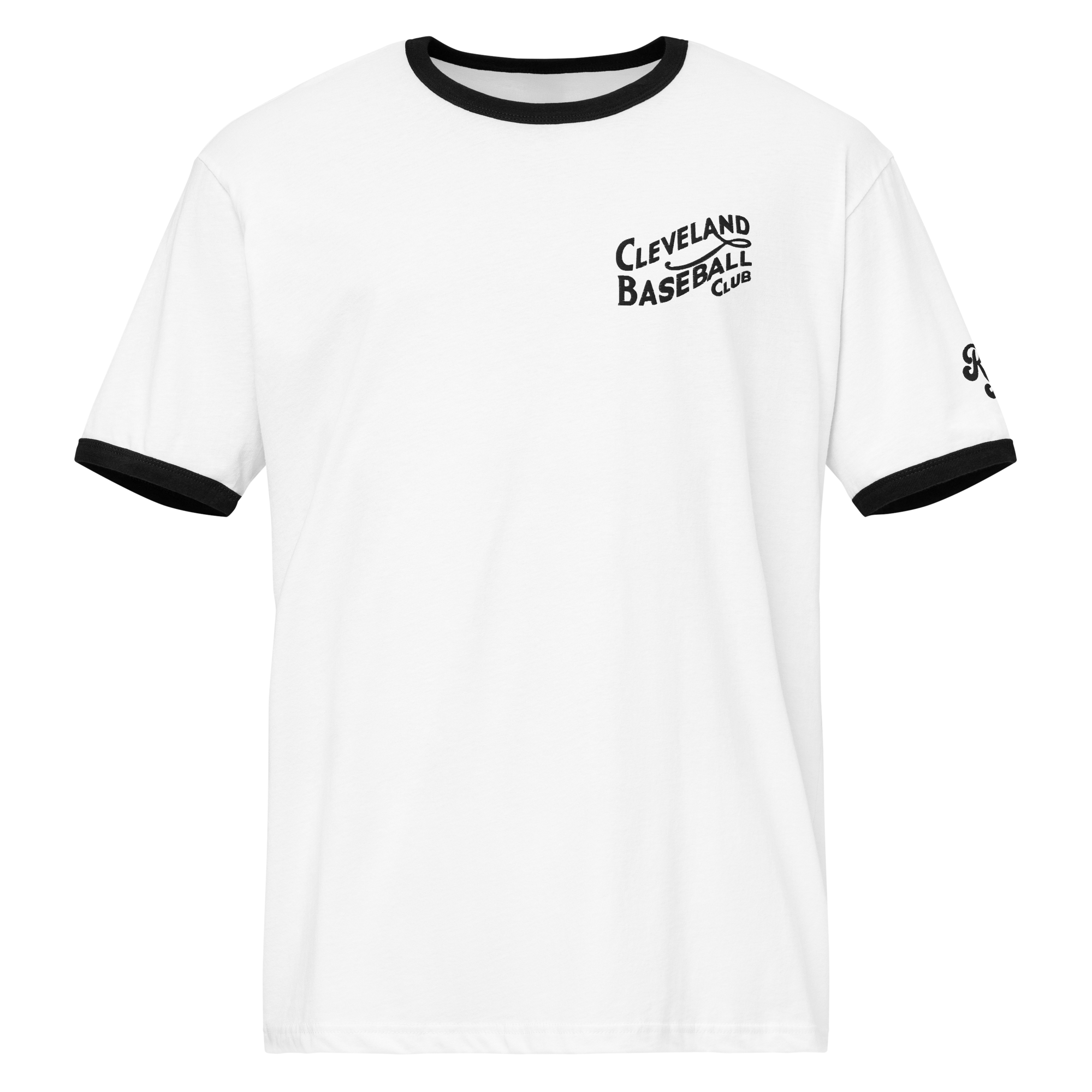 White and black 1908 Cleveland Baseball Club ringer t-shirt with black embroidery, front view
