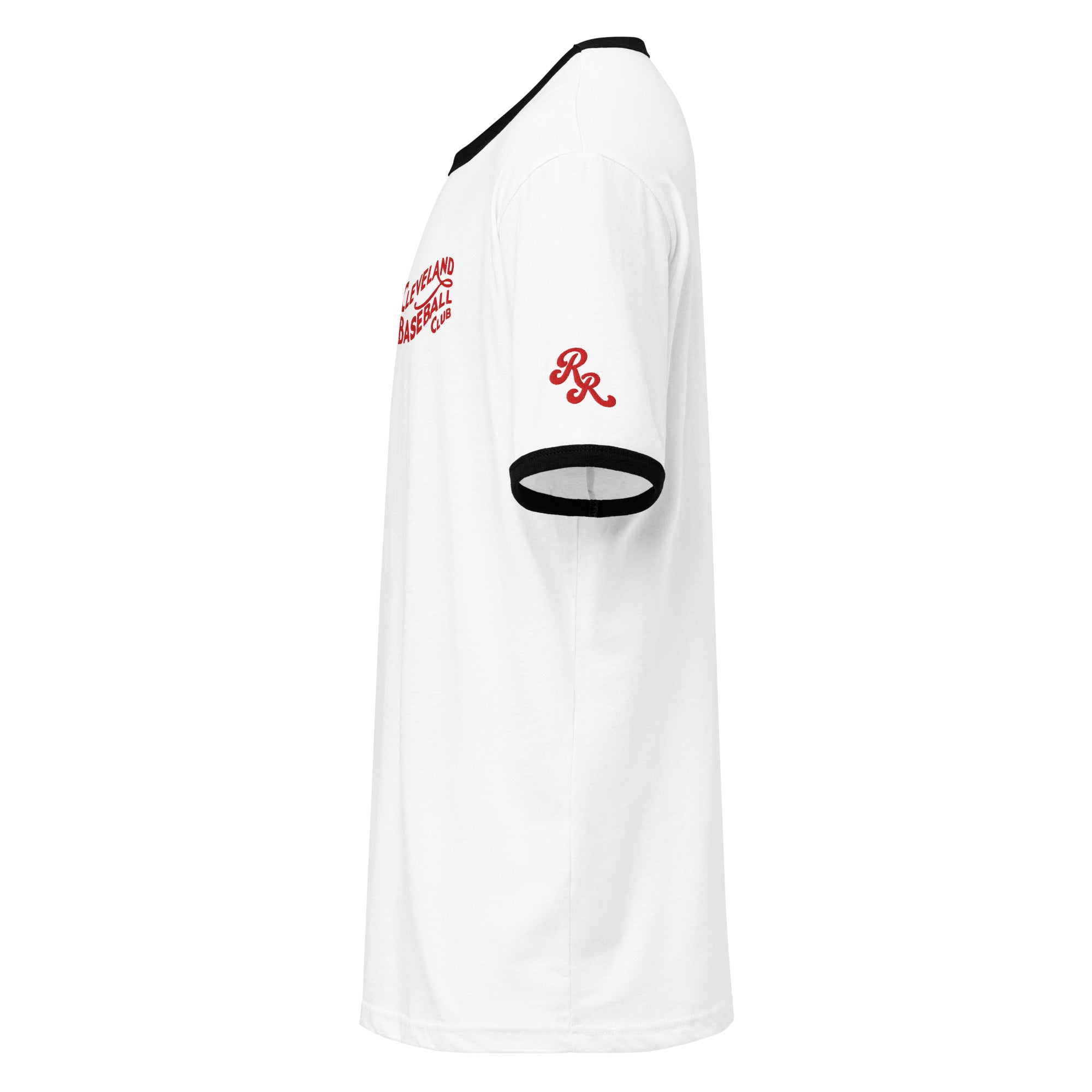 White and black 1908 Cleveland Baseball Club ringer t-shirt with red embroidery, left side view with Rambler Reserve RR emblem