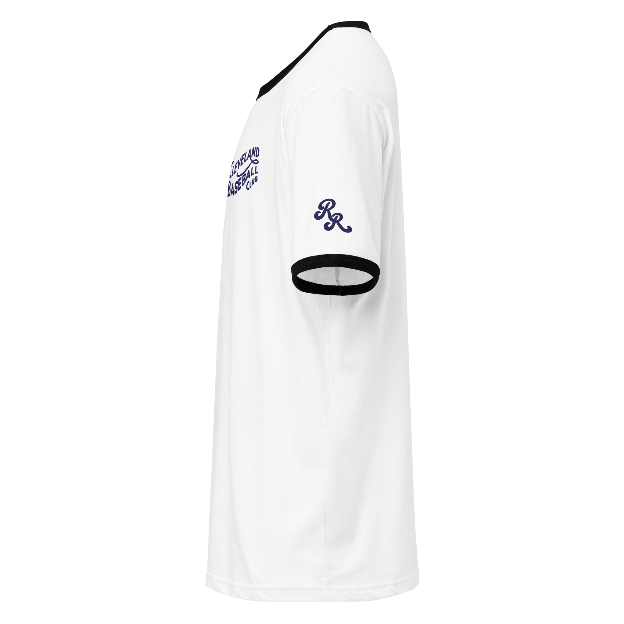 White and black 1908 Cleveland Baseball Club ringer t-shirt with navy embroidery, left side view with Rambler Reserve RR emblem