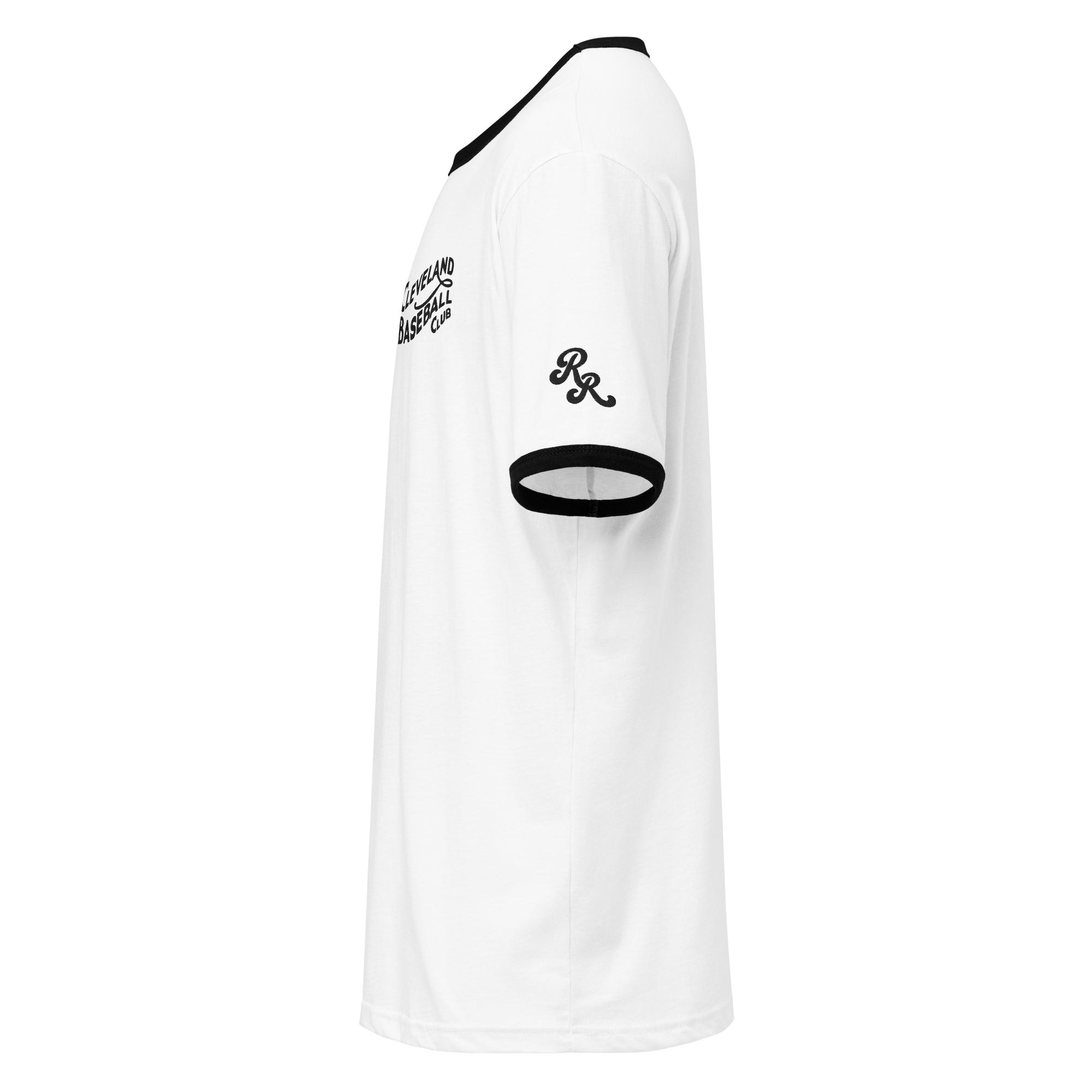 White and black 1908 Cleveland Baseball Club ringer t-shirt with black embroidery, left side view with Rambler Reserve RR emblem