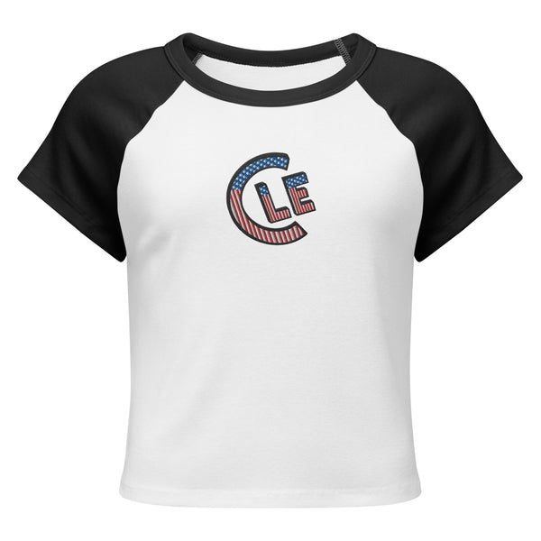 White and black USA CLE women's micro rib raglan baby tee, front view